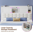 Rolanstar Bed Frame Full Size with Charging Station, Bookcase Headboard Bed with LED Light and Sliding Doors, Platform Bed with Wooden Slats, No Box Spring Needed, Noise Free, White