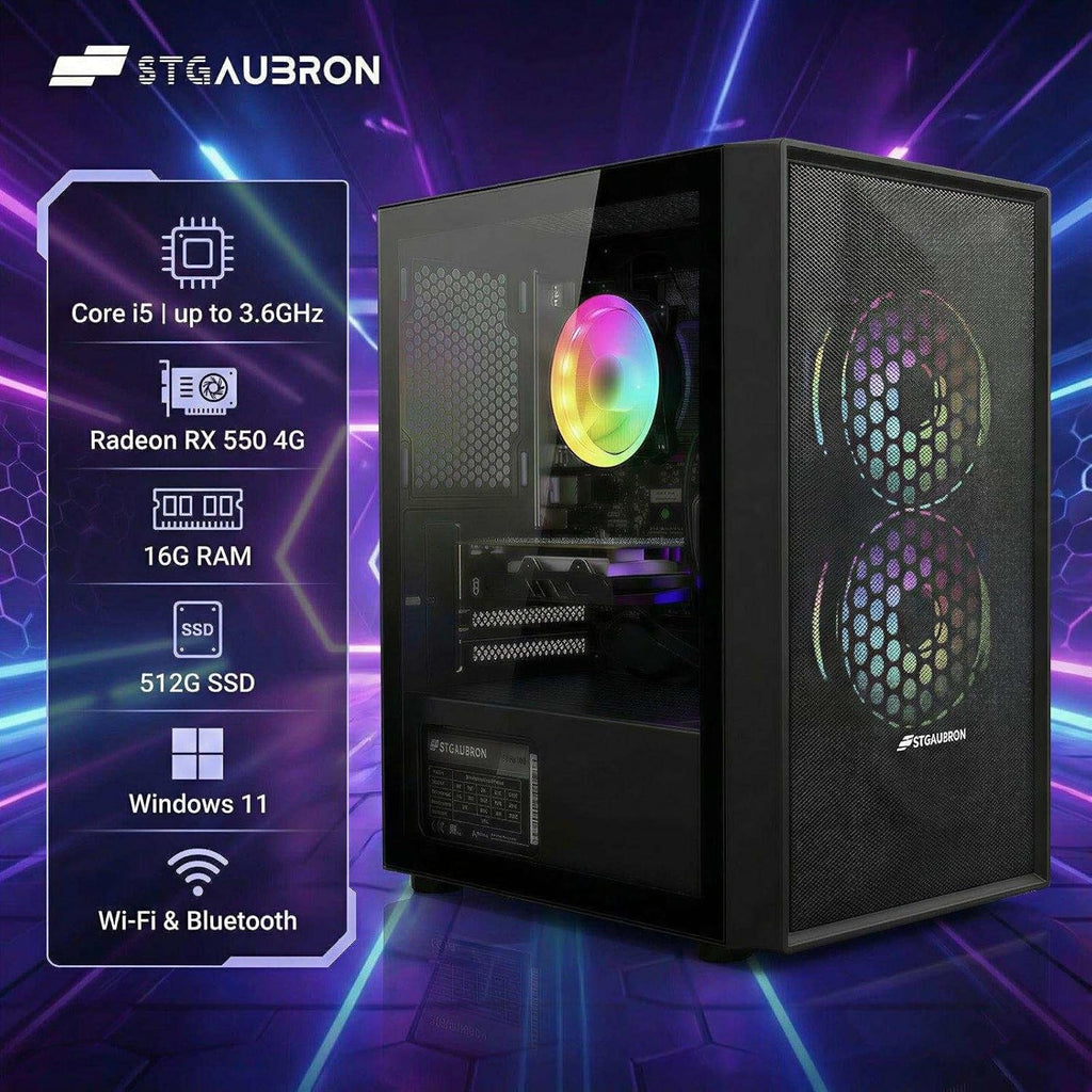 STGAubron Prebuilt Gaming PC Desktop  Radeon RX 550 4G  Intel Core i5 up to 3.6GHz  16G RAM  512G SSD  WiFi 6  BT 5.0  RGB Fan x2  Windows 11 Home