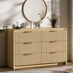 Fluted 6 Drawer Dresser, 47” Wide Wooden Storage Chest with Rounded Curved Corners and Gold Handles, Natural Oak Wood Dresser for Bedroom, Living Room, Hallway