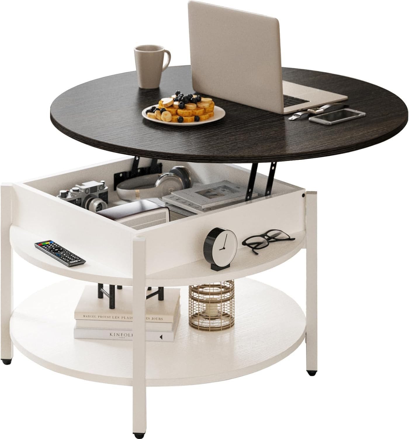 FABATO Round Lift Top Coffee Table with Storage and Hidden Compartment, 26.77'' Farmhouse Coffee Table for Living Room Reception Room, 2 Tier Small Round Coffee Table Circle Dining Table, White