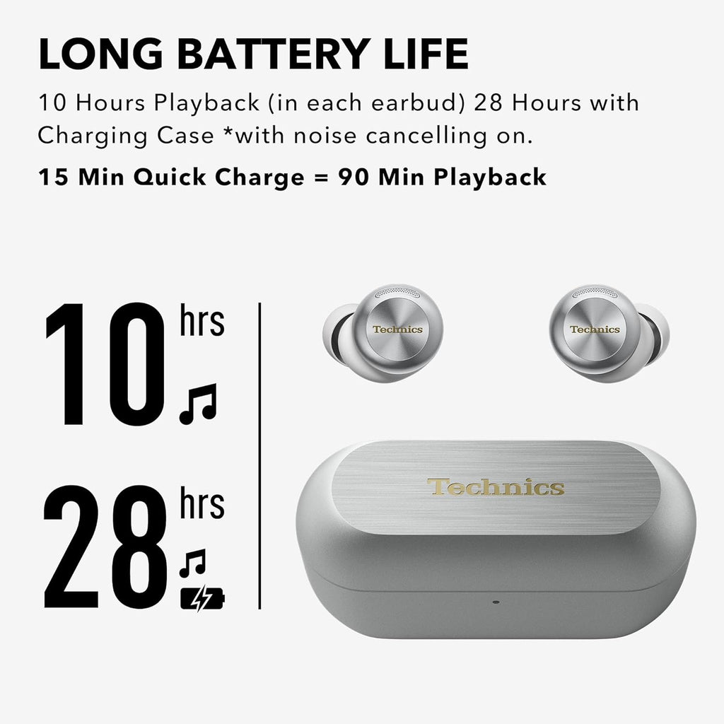 Technics Reference Class Hi-Fi Wireless Earbuds, Dolby Atmos with Head Tracking, Adaptive Noise Cancelling, 3 Device Multipoint, 10-hr Battery, Wireless Charging, Improved Fit - EAH-AZ100-S (Silver)