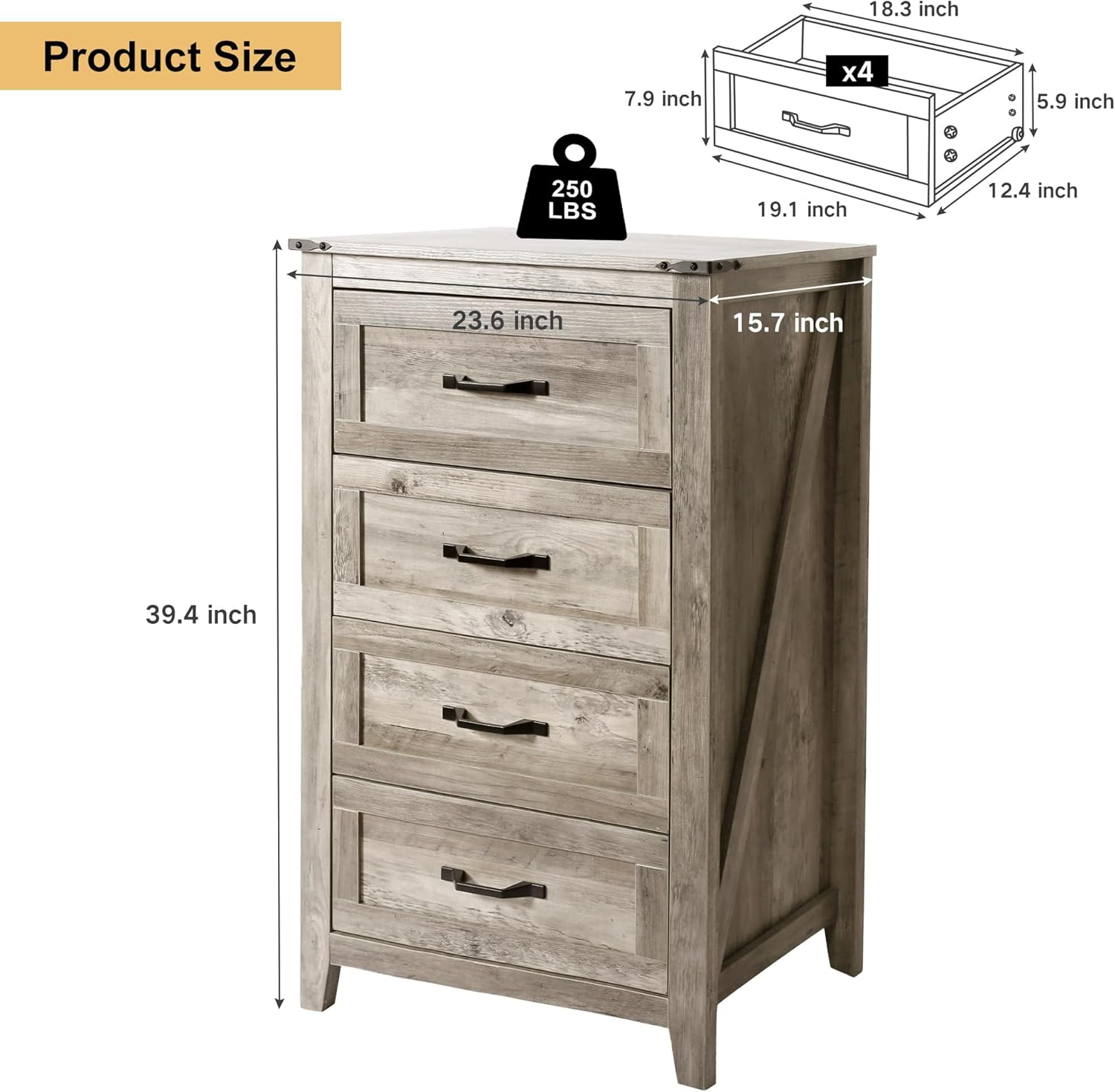 4PCS Farmhouse Dresser Set, Dresser and Nightstand Sets, Rustic Wooden Dresser Set. Including 6 Drawer Dresser & 4 Drawer Dresser & 2 Drawer Nightstand Set of 2 with USB. Light Rustic Oak