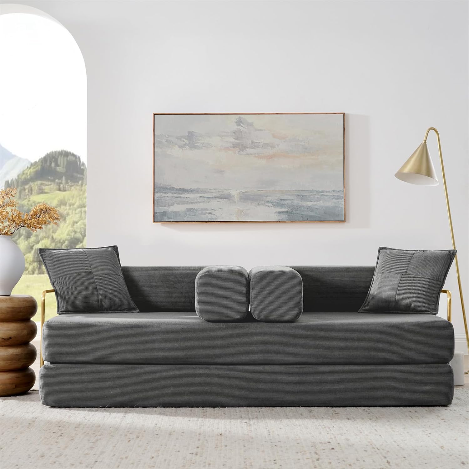 78" Convertible Futon Sofa Bed, 3-Seater Modern Corduroy Foam Floor King Size Bed Foldable Sleeper Lounge Loveseat Sofa Couch with 2 Throw Pillows for Living Room Bedroom Guest Room, Dark Grey