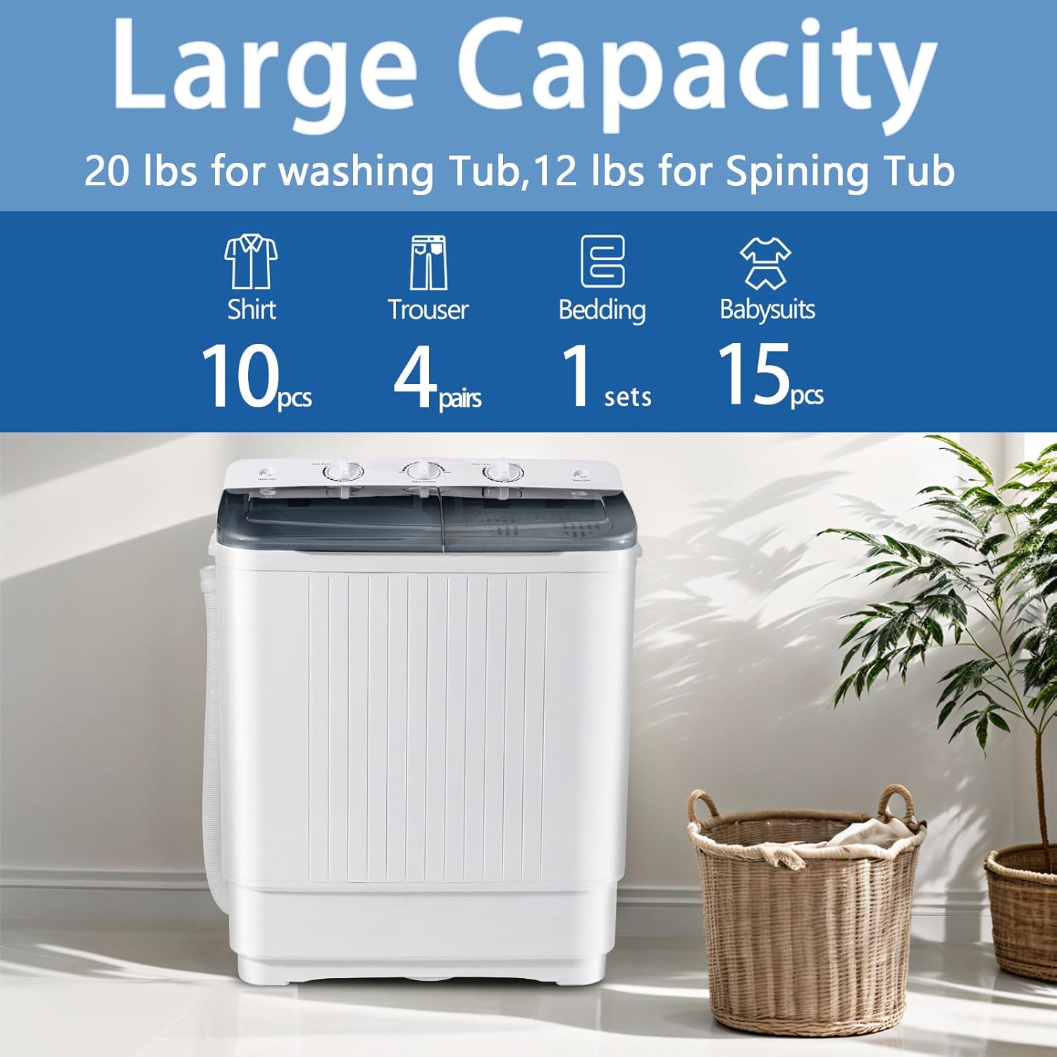 Sportpulse Portable Washing Machine with Time Control, Mini Twin Tub 32lbs Capacity Laundry, 20lbs Washer & 12lbs Spinner, ideal for Camping, Apartments, RV (Black, 32lbs)