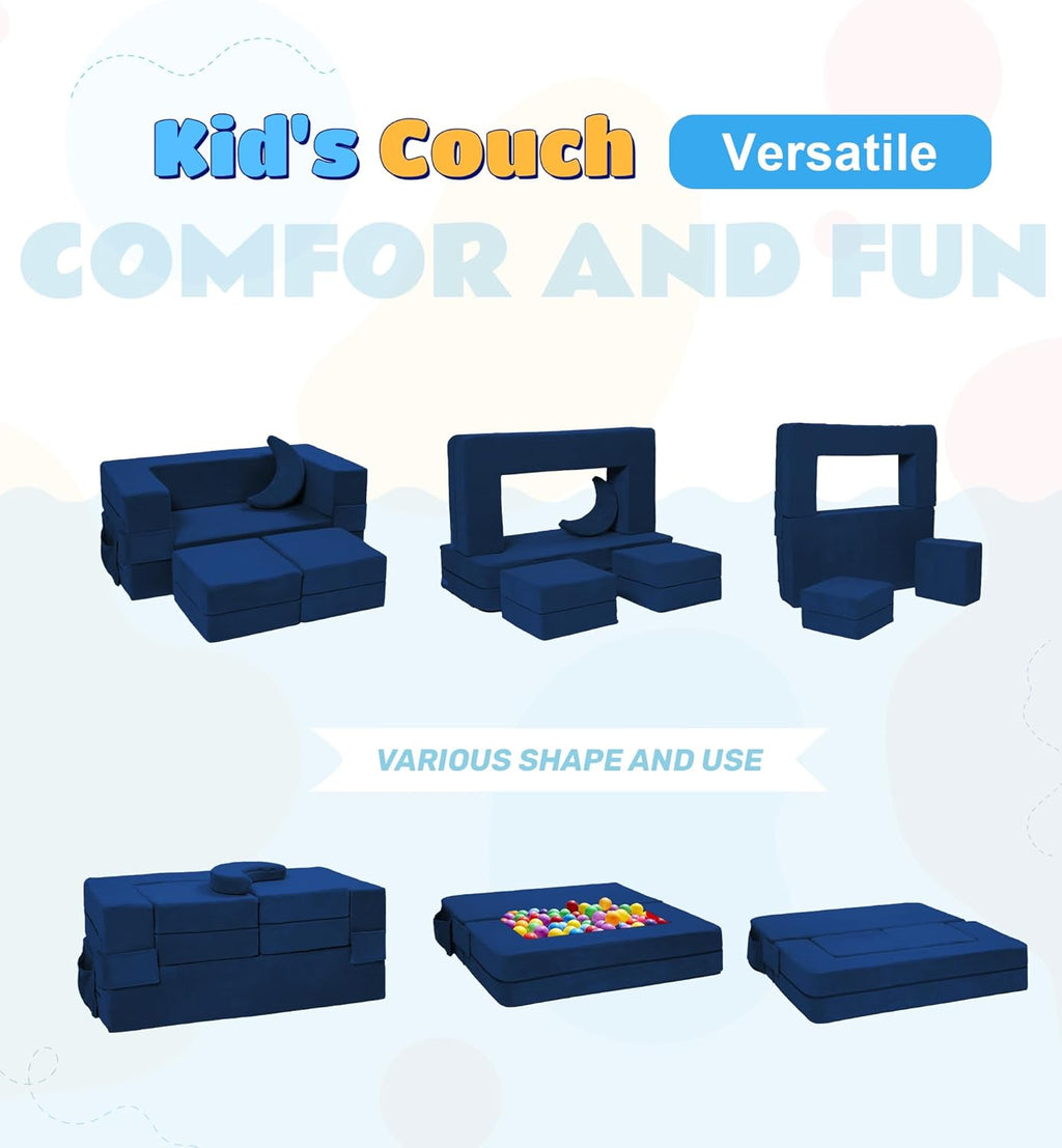 Elftopia Modular Kids Sofa,Toddler Couch Foam Armchair for Kids, Children Convertible Plush Sofa Play Set,Fold Out SofaBed(Navy)