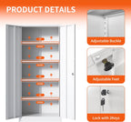 Metal Storage Cabinet with Adjustable Shelves, Garage Tool Cabinet with 2 Lockable Doors for Office, Home, Garage, Require Assembly, White