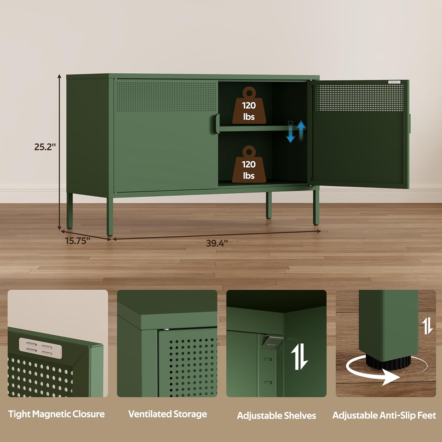 Metal Storage Cabinet with 2 Doors & Adjustable Shelves, 25" H Green Accent Cabinet, Metal Locker Storage Cabinets, Tv Stand Cabinet for Home, Office, Living Room, Entryway