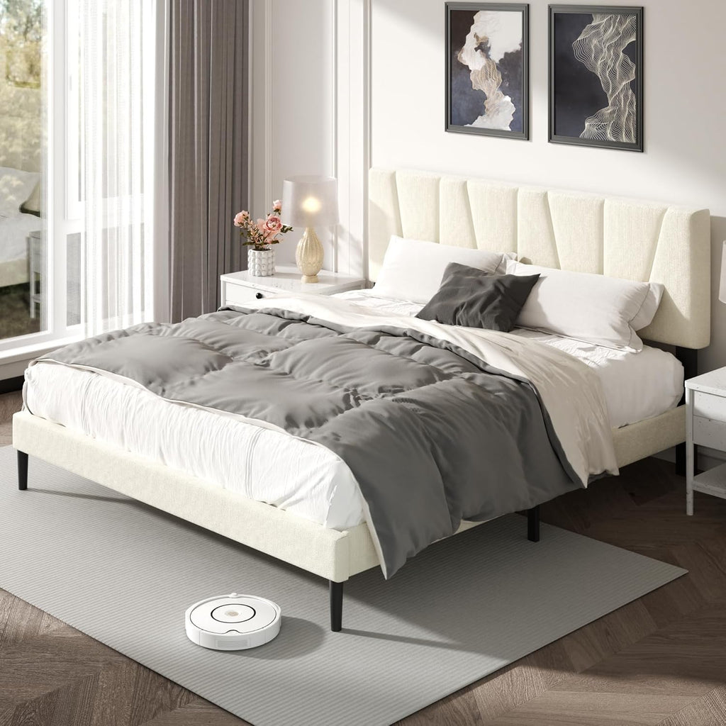 King Size Bed Frame with Fabric Upholstered Headboard, Platform Bed with Wooden Slats Support, Fully Mattress Foundation, Box Spring Optional, Easy Assembly