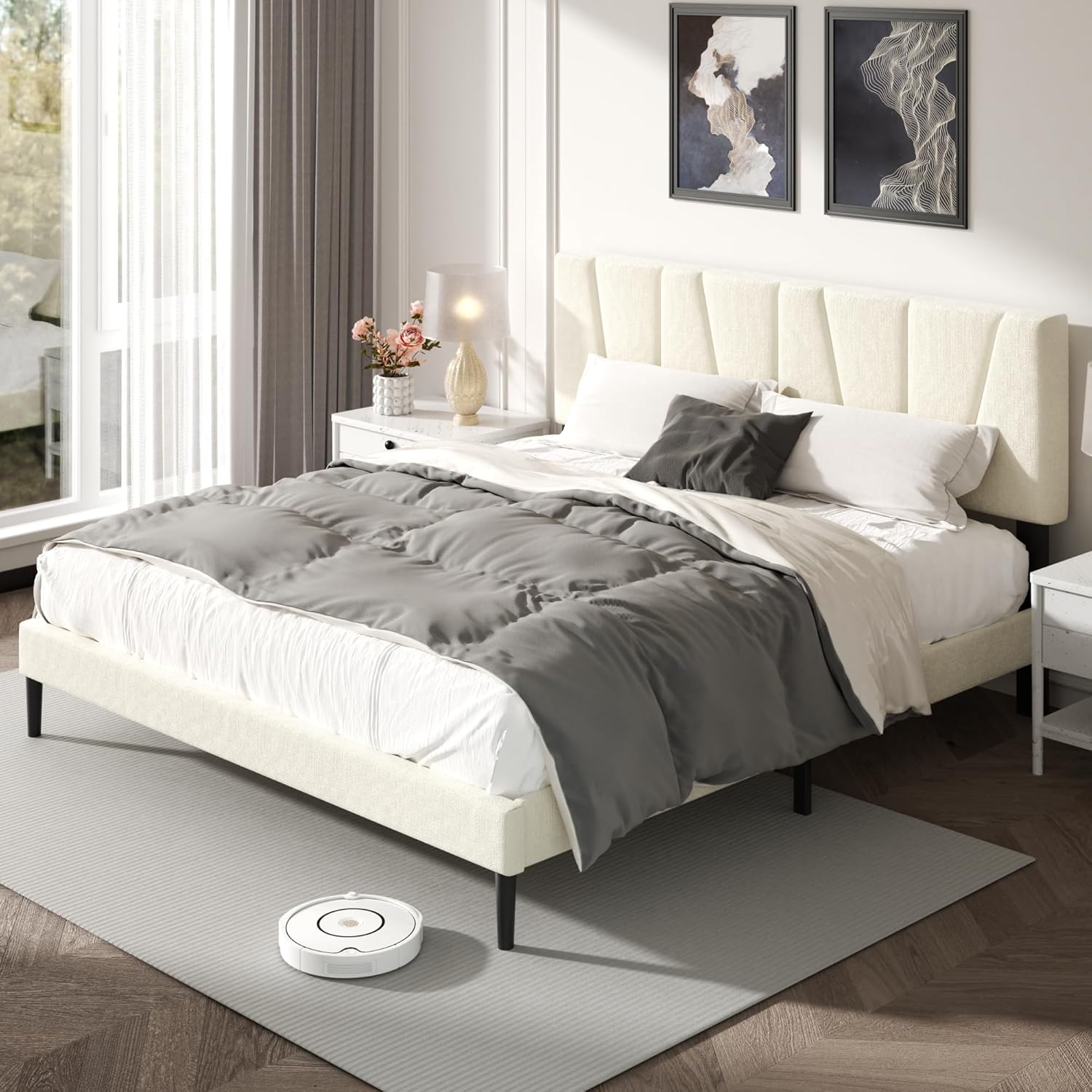 King Size Bed Frame with Fabric Upholstered Headboard, Platform Bed with Wooden Slats Support, Fully Mattress Foundation, Box Spring Optional, Easy Assembly