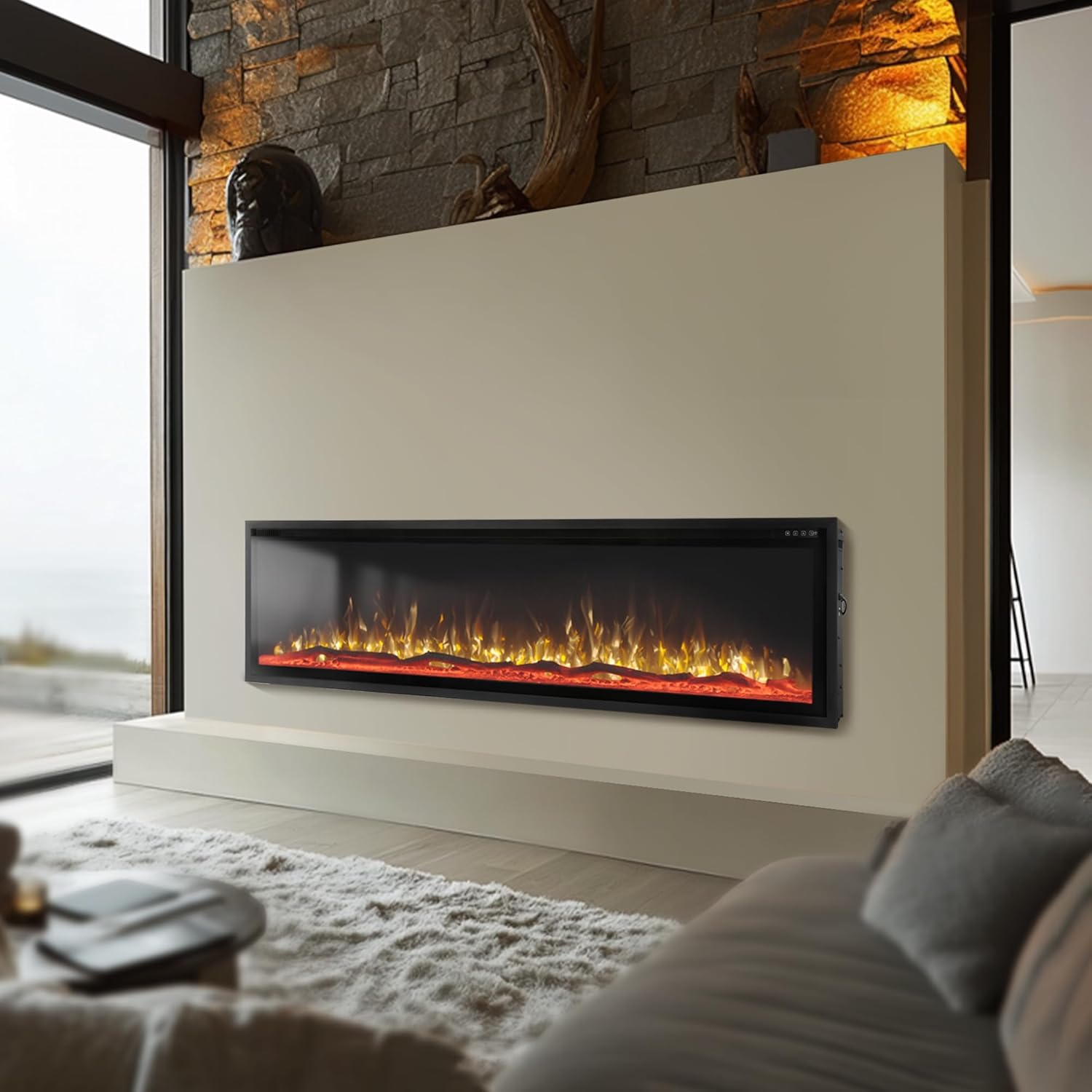 PHI VILLA 72" Electric Fireplace Wall Mounted, Recessed Wall Fireplace Electric with Crystal, Fake Charcoal & Firewood Bed for Indoor, Remote Control, 750W/1500W, Timer, Ultra-Narrow Bezel