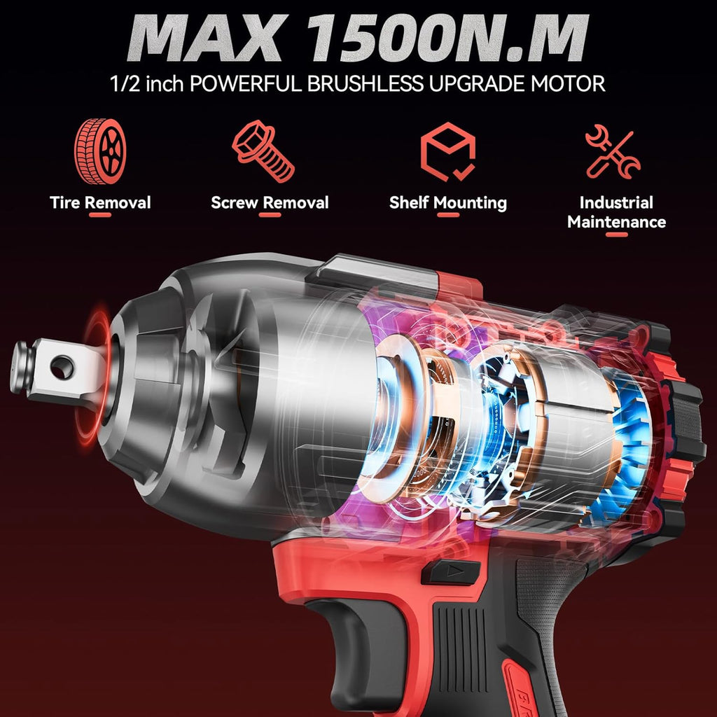 Cordless Impact Wrench 1107Ft-lbs(1500N.m), Brushless High Torque 1/2 Impact Gun with 21V 2x4.0Ah Battery, 3-Mode Speed, Electric Impact Driver with 4 Socket for Home Car Pickup Truck RV Mower