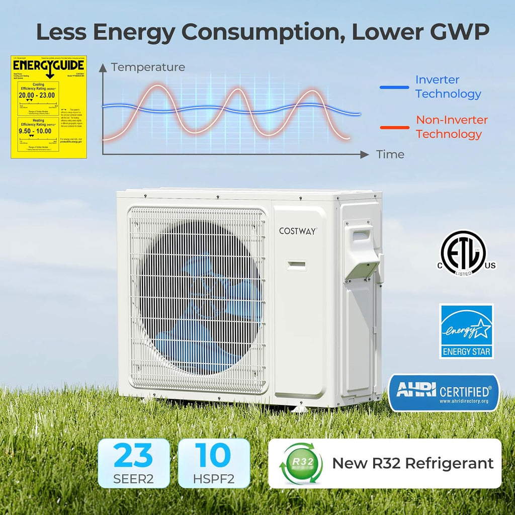 COSTWAY 30k Quad 4 Zone Mini Split Air Conditioner, 23 SEER2, 9k+9k+9k+12k BTU, 208-230V, Wifi Enabled Multi Zones Mini Split AC Heat Pump Full Set, Ductless Energy Star