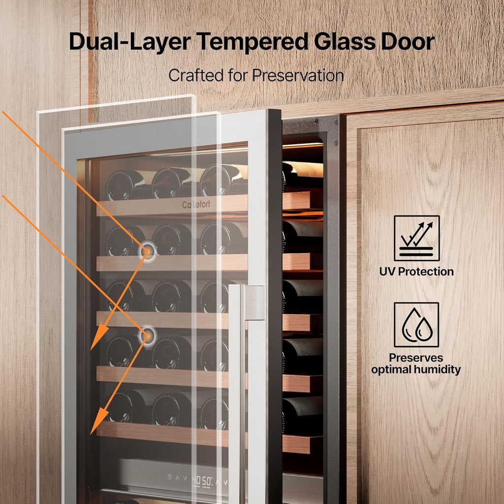 Ca'Lefort Wine Fridge Dual Zone  90 Bottle 24 Inch Wine Cooler Refrigerator  40-65°F Refrigerator with Glass Door  3 LED Built-in/Freestanding Fridge for Bar/Kitchen/Resterant (Left-Hinged)