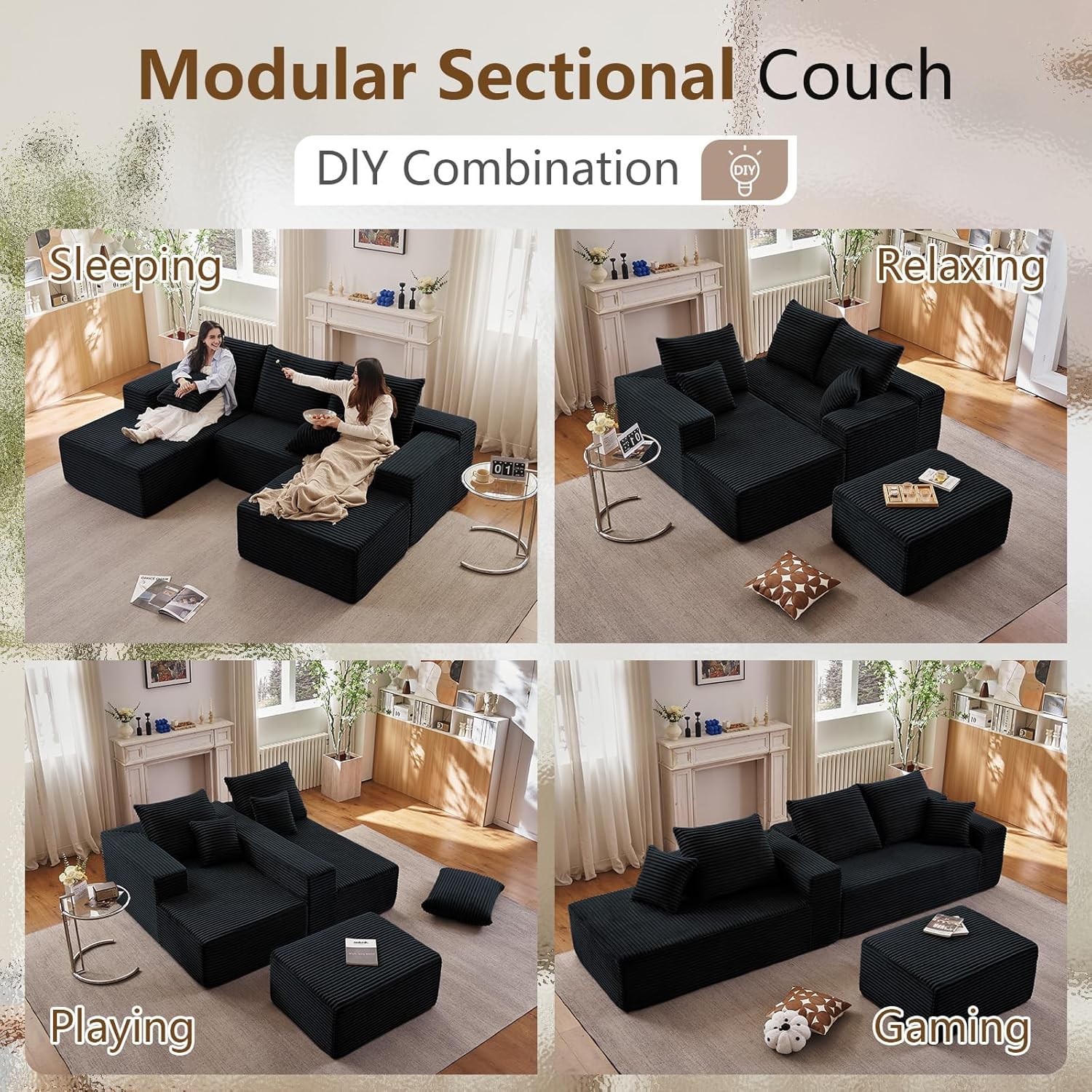 107" Cloud Modular Sectional Couches, Modern Convertible U Shaped Couch, 3 Seat Corduroy Comfy Deep Seat Sectional Sofa Oversize Deep Seat Sofa