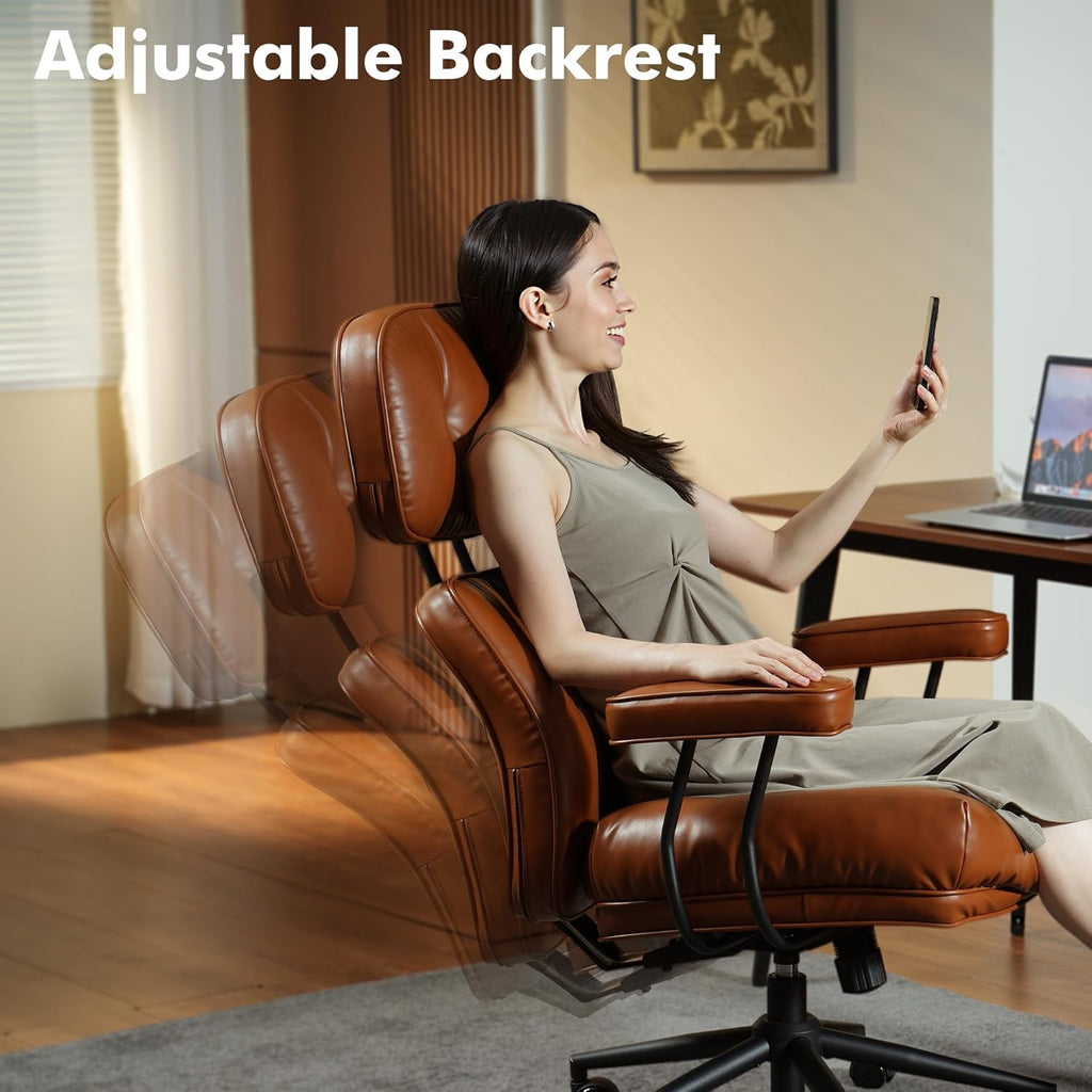 High Back Executive Office Chair with Comfortable Deep Seat,Brown PU Leather Modern Office Chair,Ergonomic Big and Tall Computer Desk Chair with Lumbar Support(Light Brown)