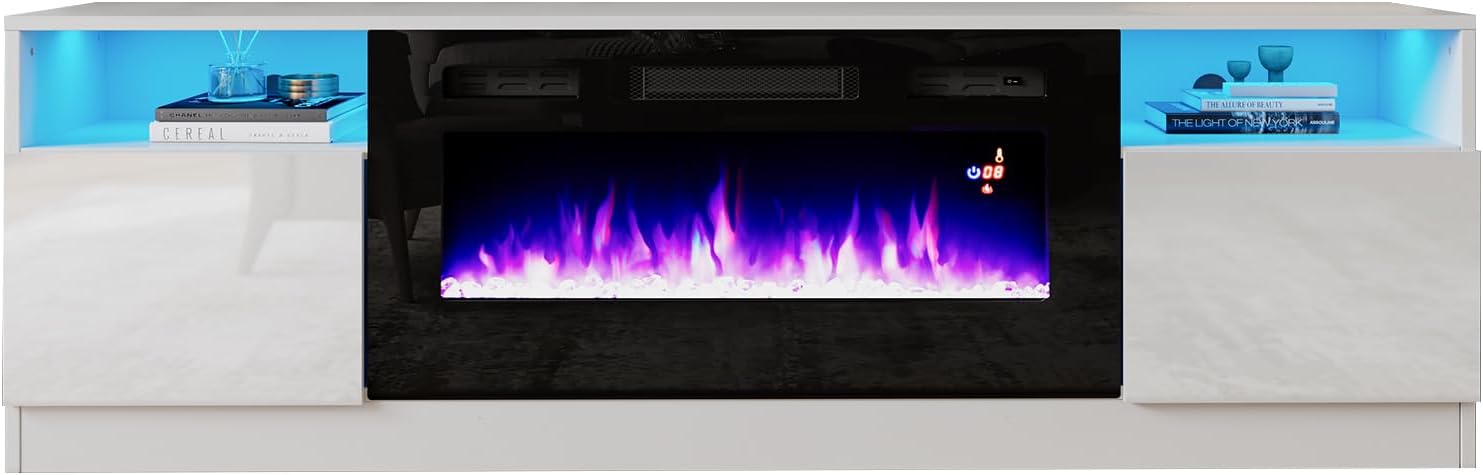 AMERLIFE TV Stand with Fireplace, LED Light Entertainment Center with 36" Electric Fireplace, 70" Modern Wood Entertainment Stand with Highlight Storage Cabinet for TVs up to 80", White & Black
