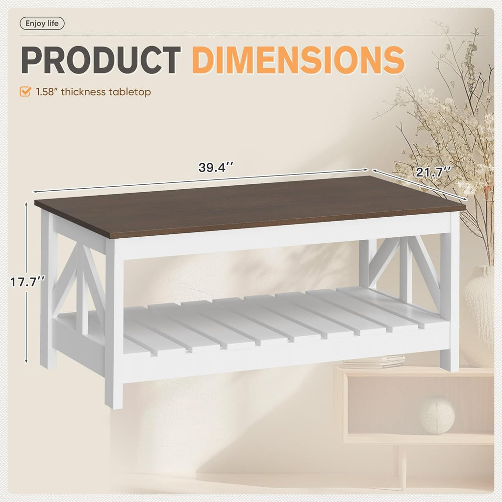 YESHOMY Farmhouse Coffee Table, Coffee Tables for Living Room, Farmhouse Square Coffee Table with Storage, Couch Table, Small Tables for Small Spaces, Brown and White