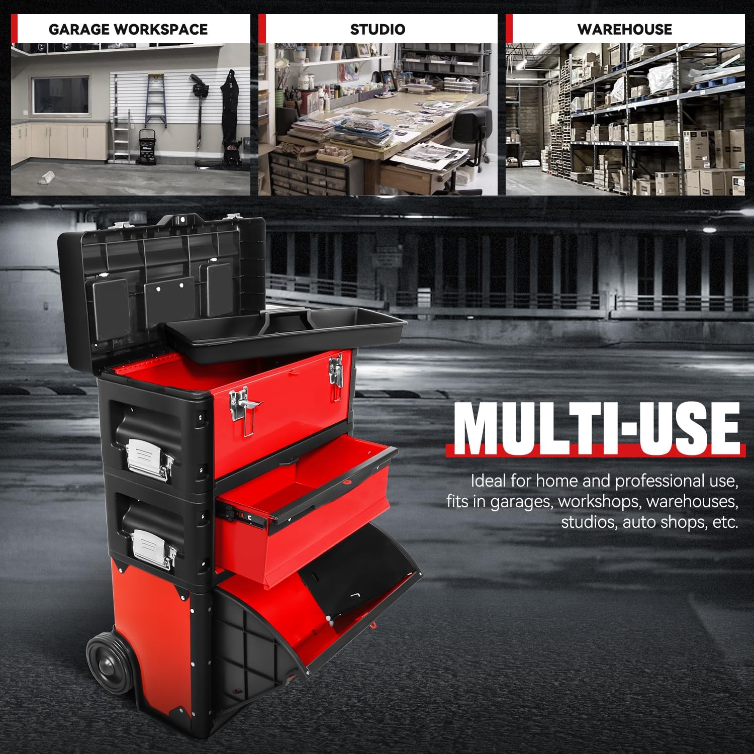Auto Dynasty Stackable Tool Box 3-Tier Tool Separate Organizer Rolling Tool Chest with Wheels 3-in-1 Upright Trolley for Garage or Workshop, Red