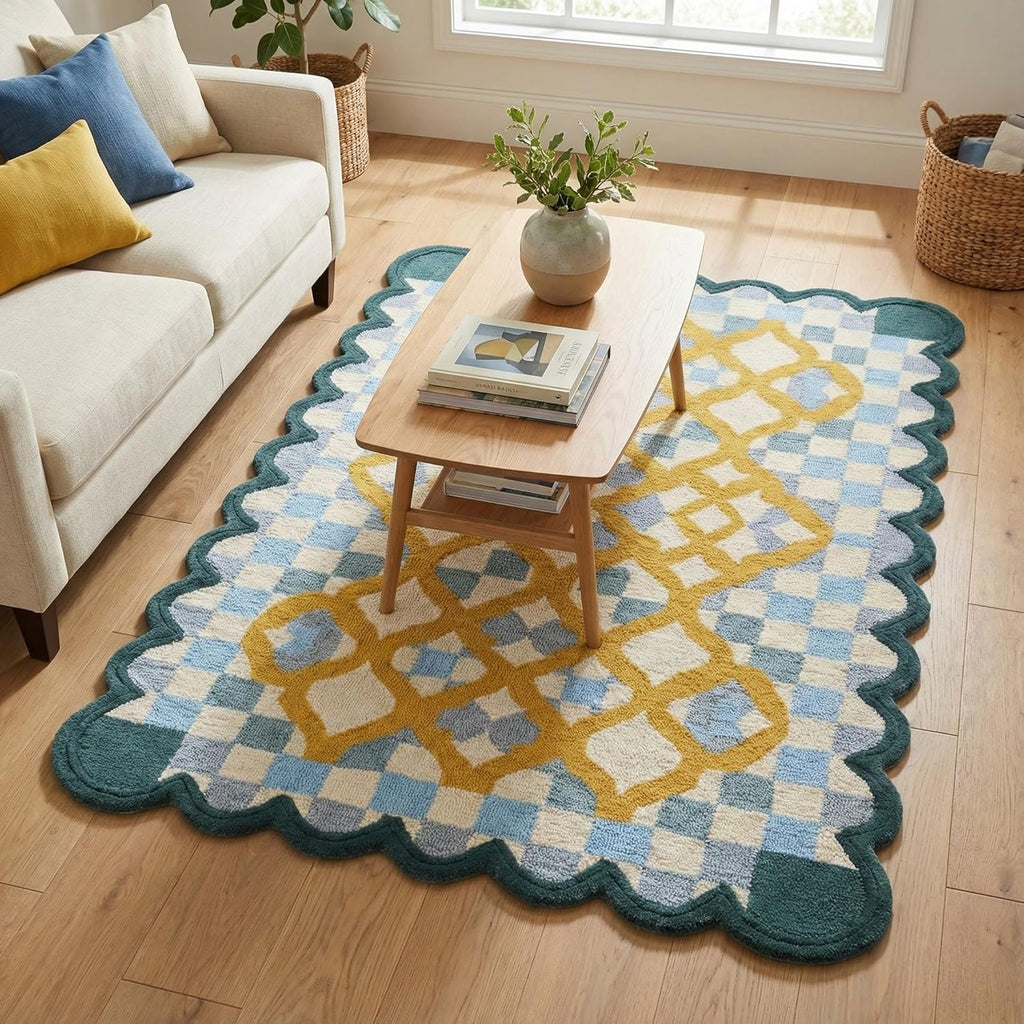 Hand-Tufted Wool Rug with Scalloped Edges | Checkered Light Blue Plaid Pattern Yellow Motif | Cozy Soft Area Rugs Carpet for Living Room, Bedroom, Nursery (Light Blue, Mustard Yellow, 5' x 8')