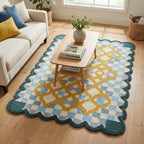 Hand-Tufted Wool Rug with Scalloped Edges | Checkered Light Blue Plaid Pattern Yellow Motif | Cozy Soft Area Rugs Carpet for Living Room, Bedroom, Nursery (Light Blue, Mustard Yellow, 5' x 8')