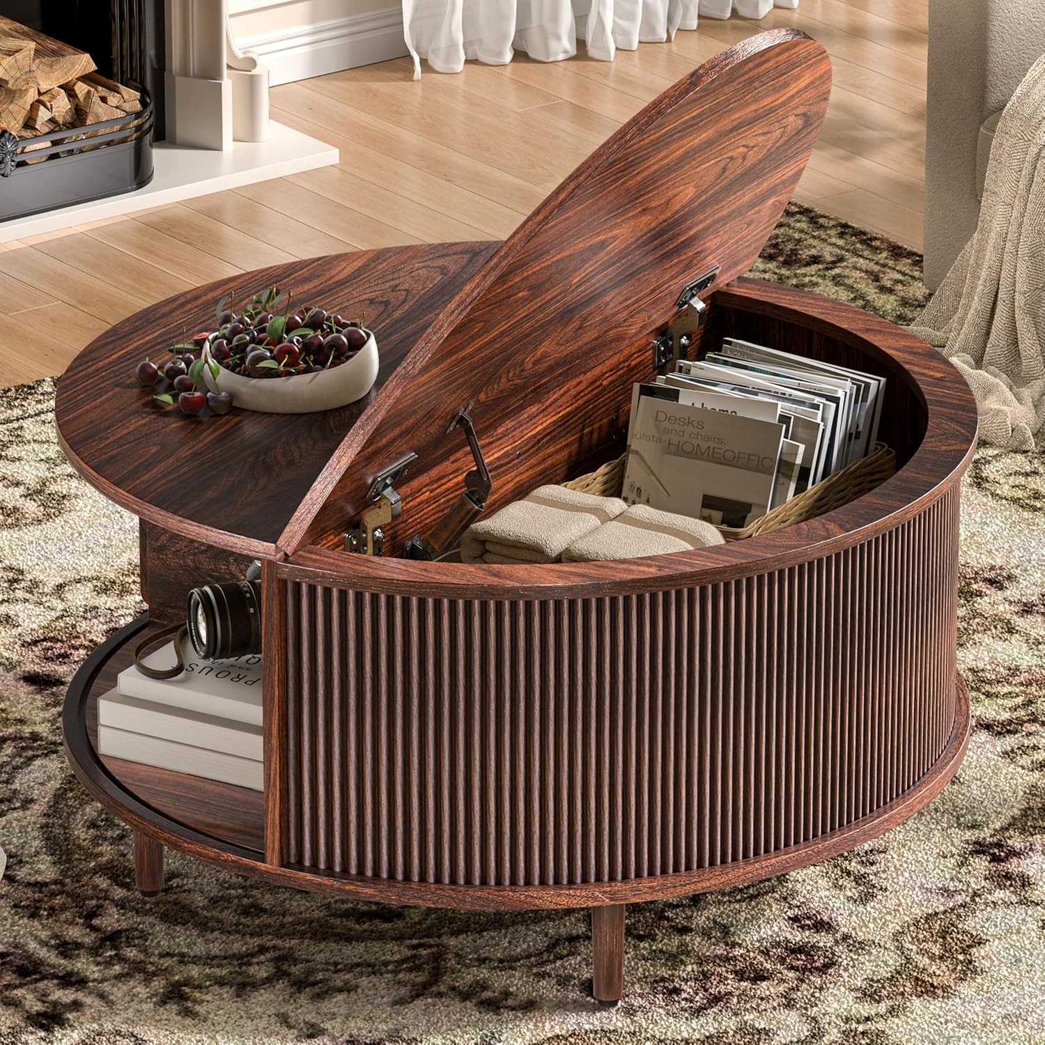 Round Coffee Table, 31.5" Fluted Center Table with Storage, Lift-Top Coffee Table with Adjustable Footpads, Sliding Door, Mid-Century Modern Center Table for Living Room, Small Space (Warm Walnut)