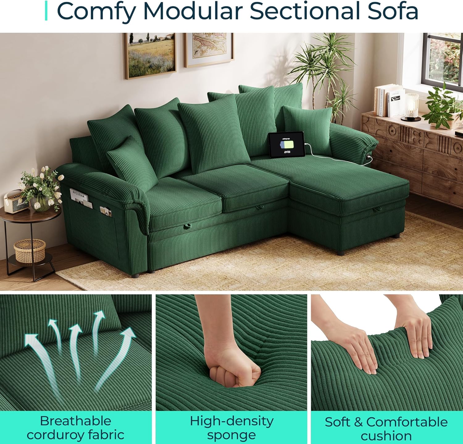 LINSY HOME 90.5'' Sectional Sleeper Sofa with Pull Out Couch Bed Modular (Green, 90.5'') | USB Charging, Pillow-style Armrest, Multiple Cushions, Storage Chaise, Corduroy Fabric