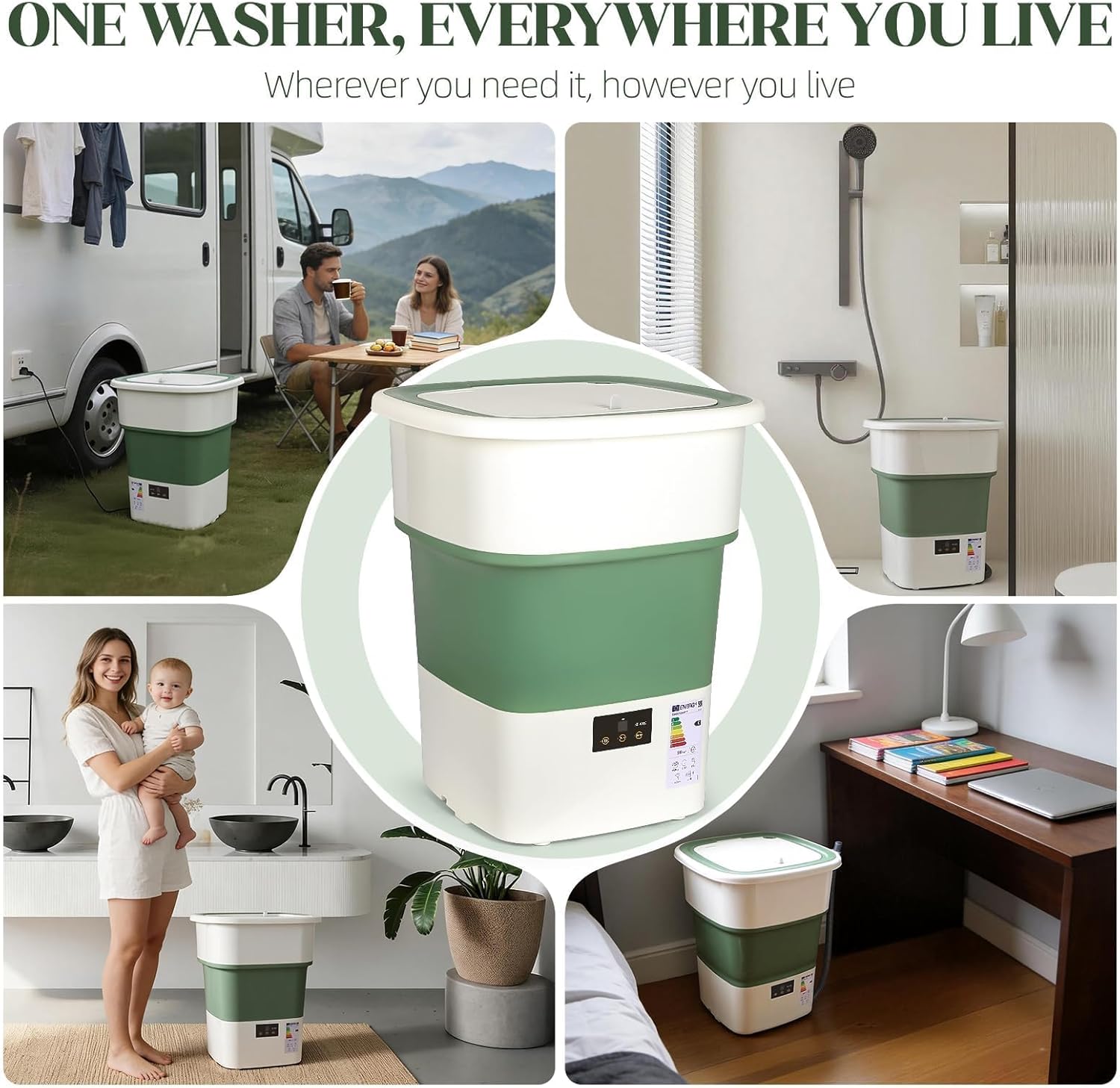 Portable Washing Machine, 1.8 Cu.Ft Large Capacity Foldable Washer with Spin Basket & 150W Motor, Timer Control for Apartment, RV, Camping & Travel – No Laundry Room Needed (White Green)