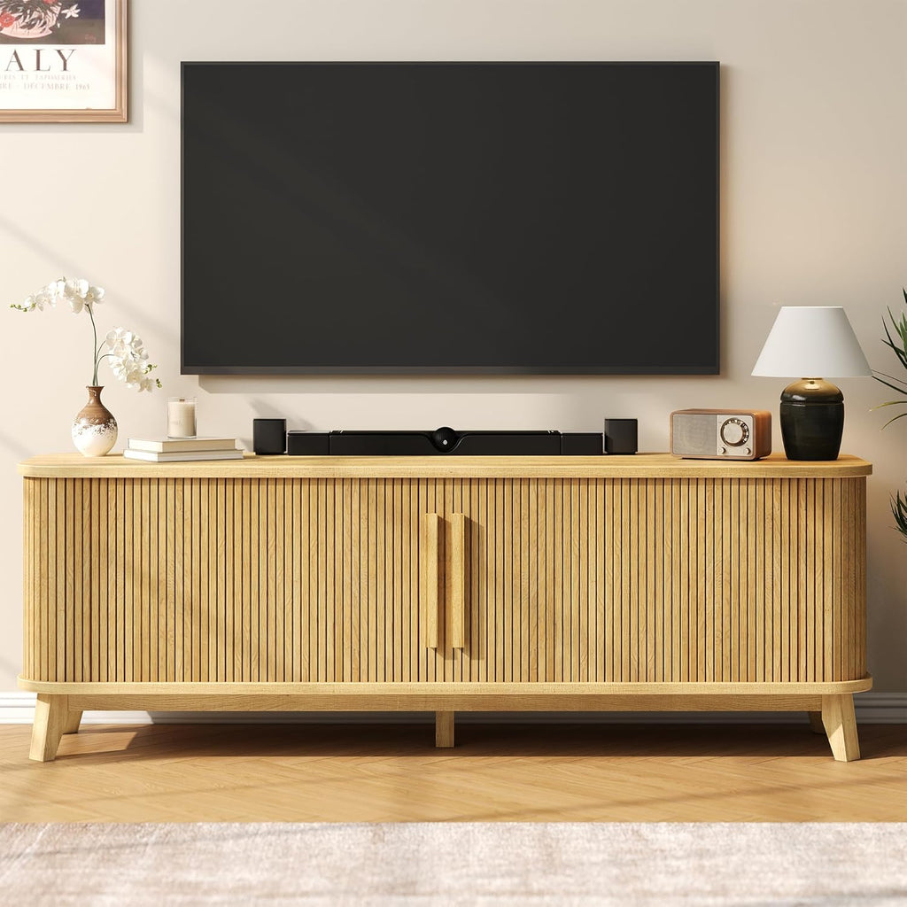 66" TV Stand for TVs up to 80", Mid-Century Modern Entertainment Center, TV Console with Storage Cabinet and Adjustable Shelves, Wood Curved Media Console with Sliding Door for Living Room,Natural Oak