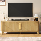 66" TV Stand for TVs up to 80", Mid-Century Modern Entertainment Center, TV Console with Storage Cabinet and Adjustable Shelves, Wood Curved Media Console with Sliding Door for Living Room,Natural Oak