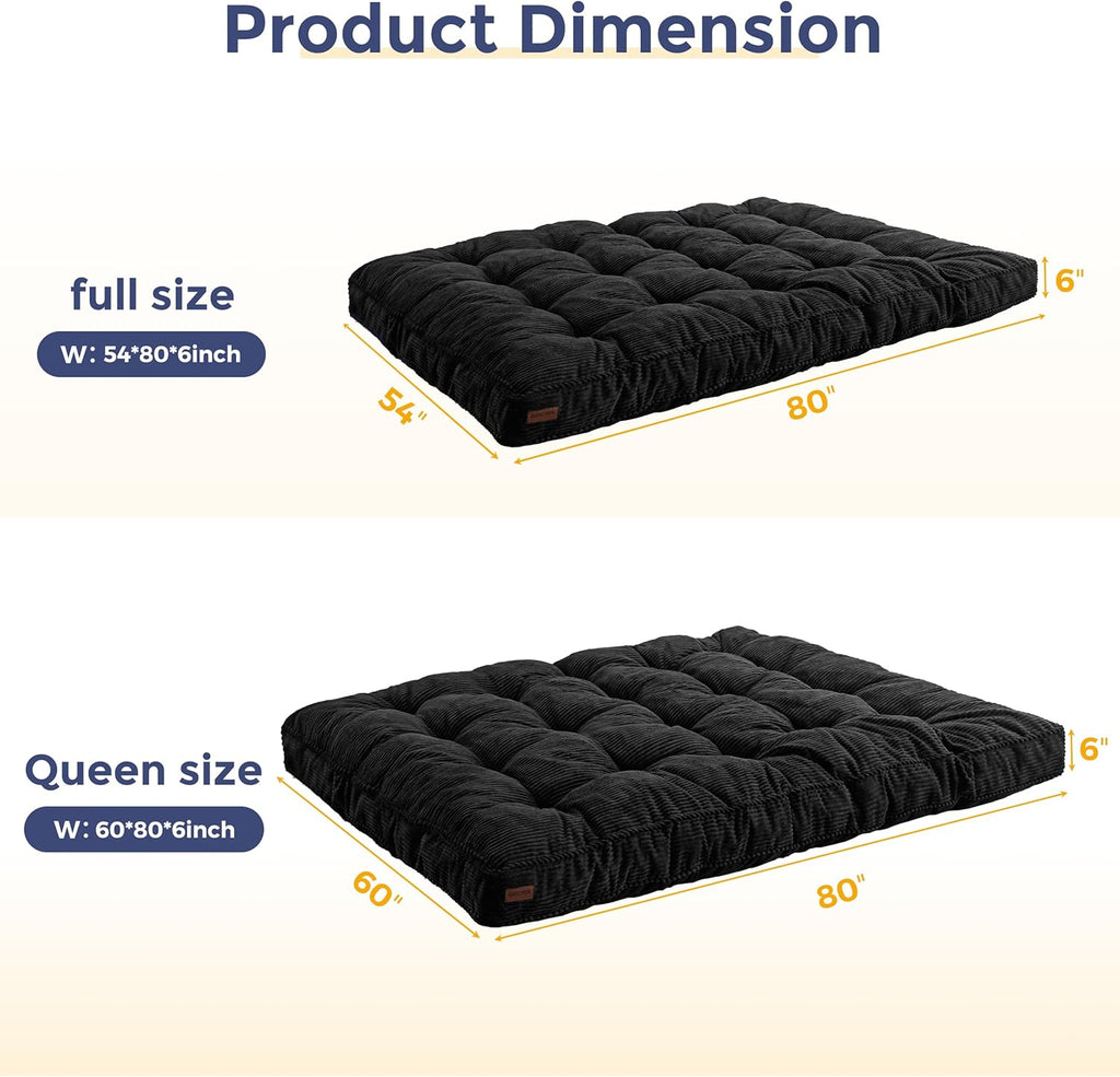 MAXYOYO 6" Futon Mattress Full Size, Tufted Futons Sofa Couch Bed with Twisted Rope Design Edging, Thick Corded Fabric Floor Mattress for Adults, Shredded Foam Filling (Frame Not Included), Black