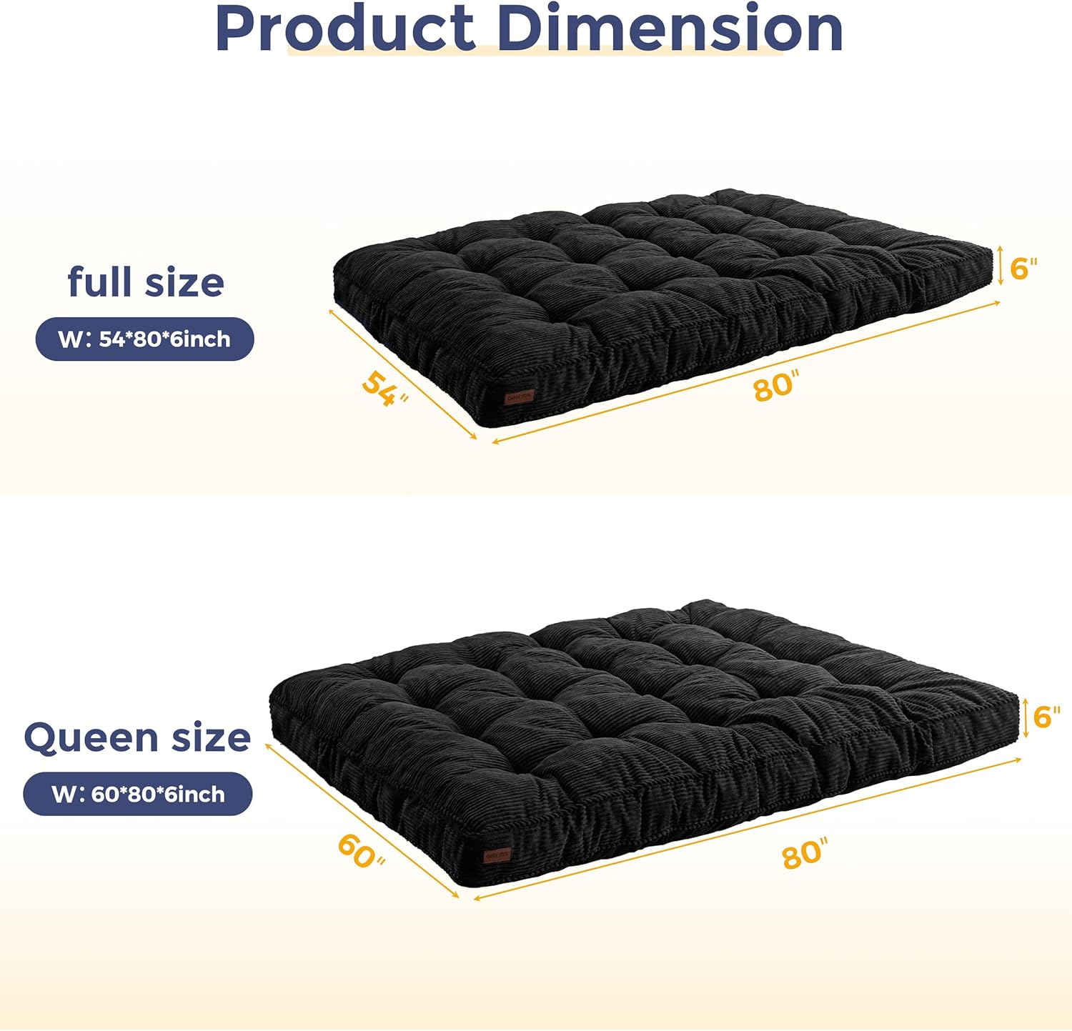 MAXYOYO 6" Futon Mattress Full Size, Tufted Futons Sofa Couch Bed with Twisted Rope Design Edging, Thick Corded Fabric Floor Mattress for Adults, Shredded Foam Filling (Frame Not Included), Black