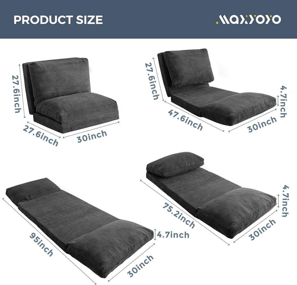 MAXYOYO Folding Sofa Bed, Extra Thick and Long Floor Sofa Convertible Sleeper Chair with Washable Cover, Floor Couch Lounge Bean Bag Bed for Living Room, Dark Grey, 30x95 Inch