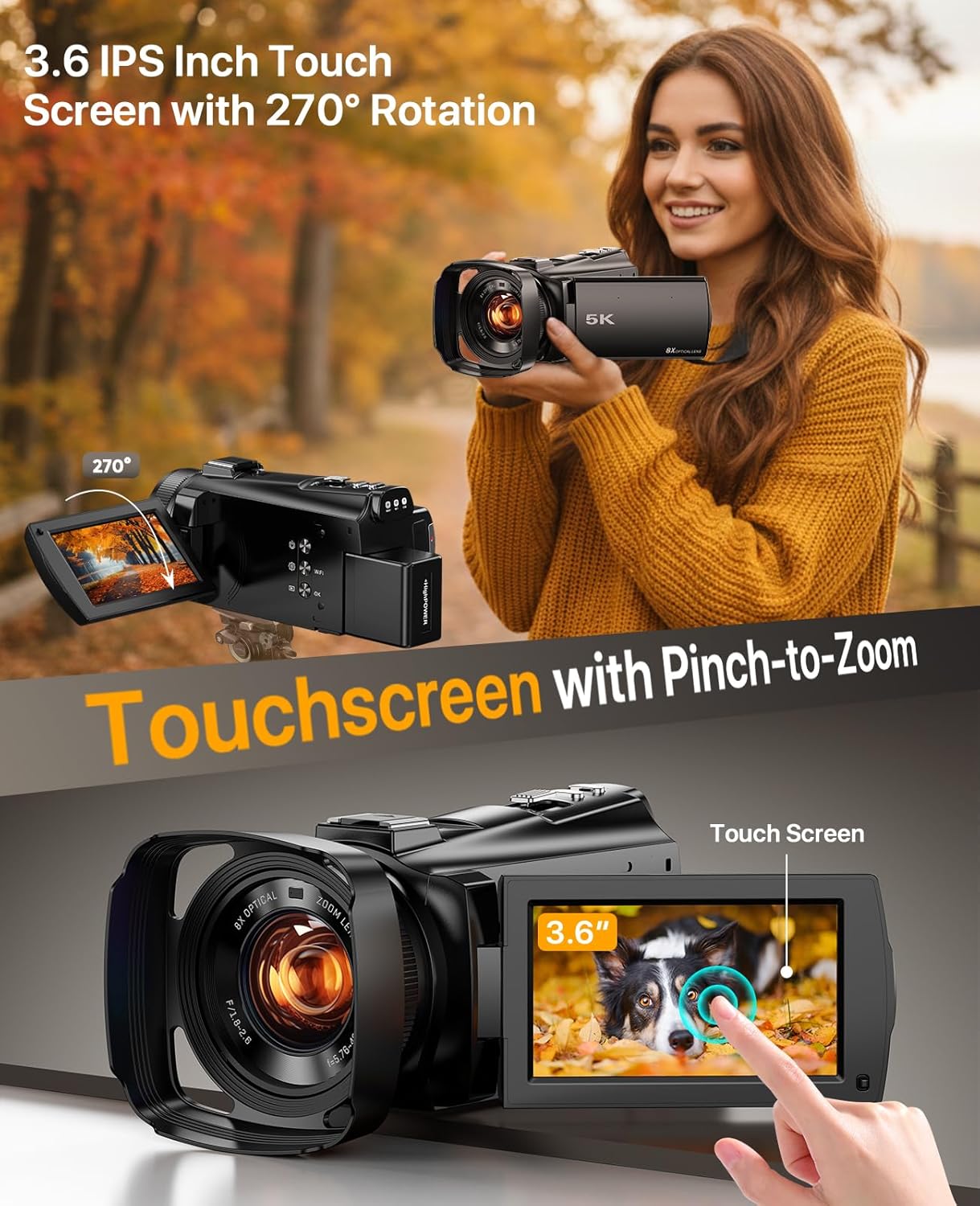 5K Video Camera Camcorder 8X Opitical Zoom Live Streaming Cameras 64MP WiFi Autofocus Vlogging Camera for Youtube with Full-color Night Vision  3.6'' 270° IPS Touchscreen 32GB Card Video Recorder