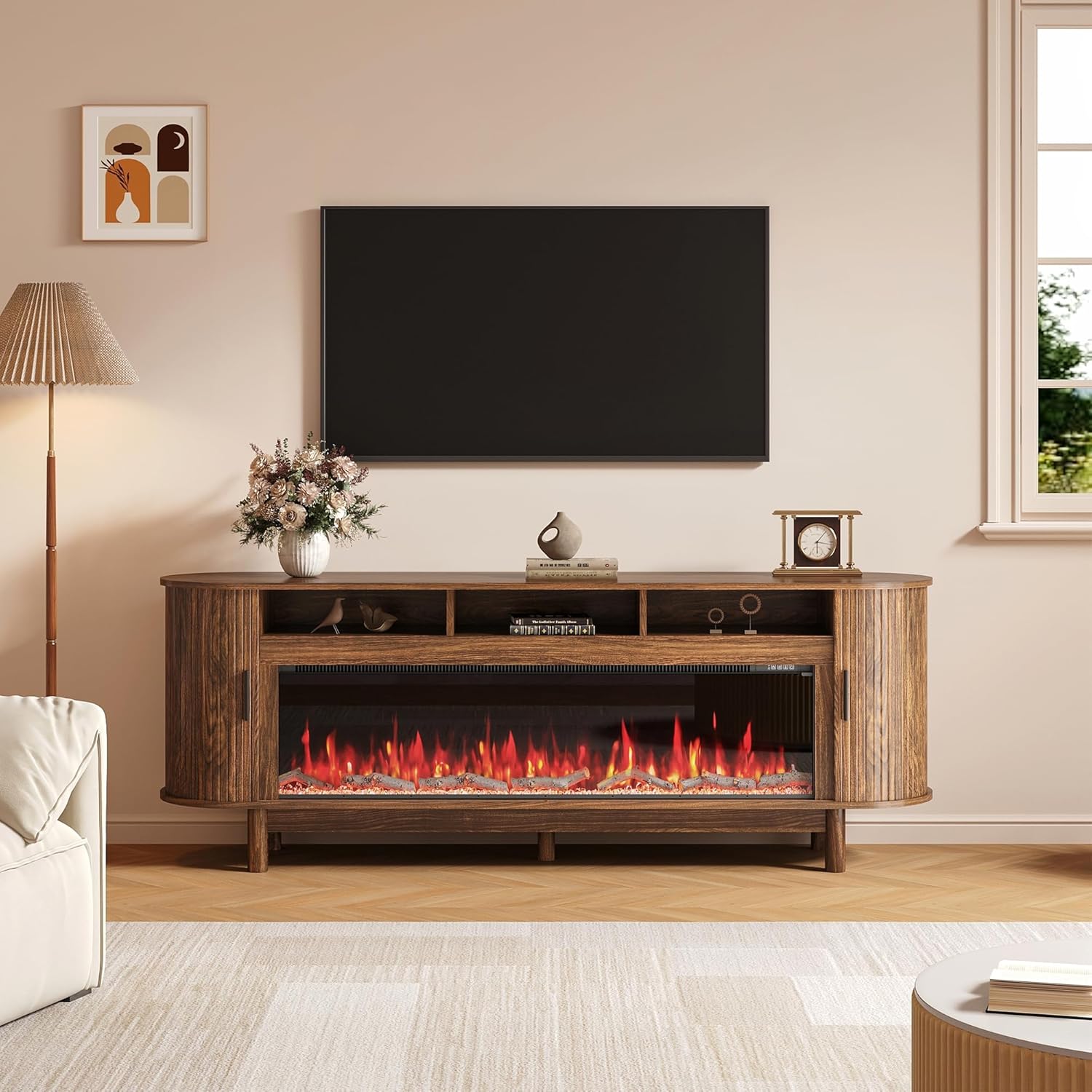 70" Farmhouse TV Stand with 50" Fireplace for TVs up to 85" 80" 75" 70" 65", Media Entertainment Center with Large Storage Cabinet,Sliding Doors for Living Room, Walnut