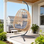 Hanging Egg Chair with Stand & Cushions - All-Weather Rattan Swing Chair for Patio, Balcony, Garden (Modern Boho Design, Ready-to-Use Indoor Outdoor)-Grey