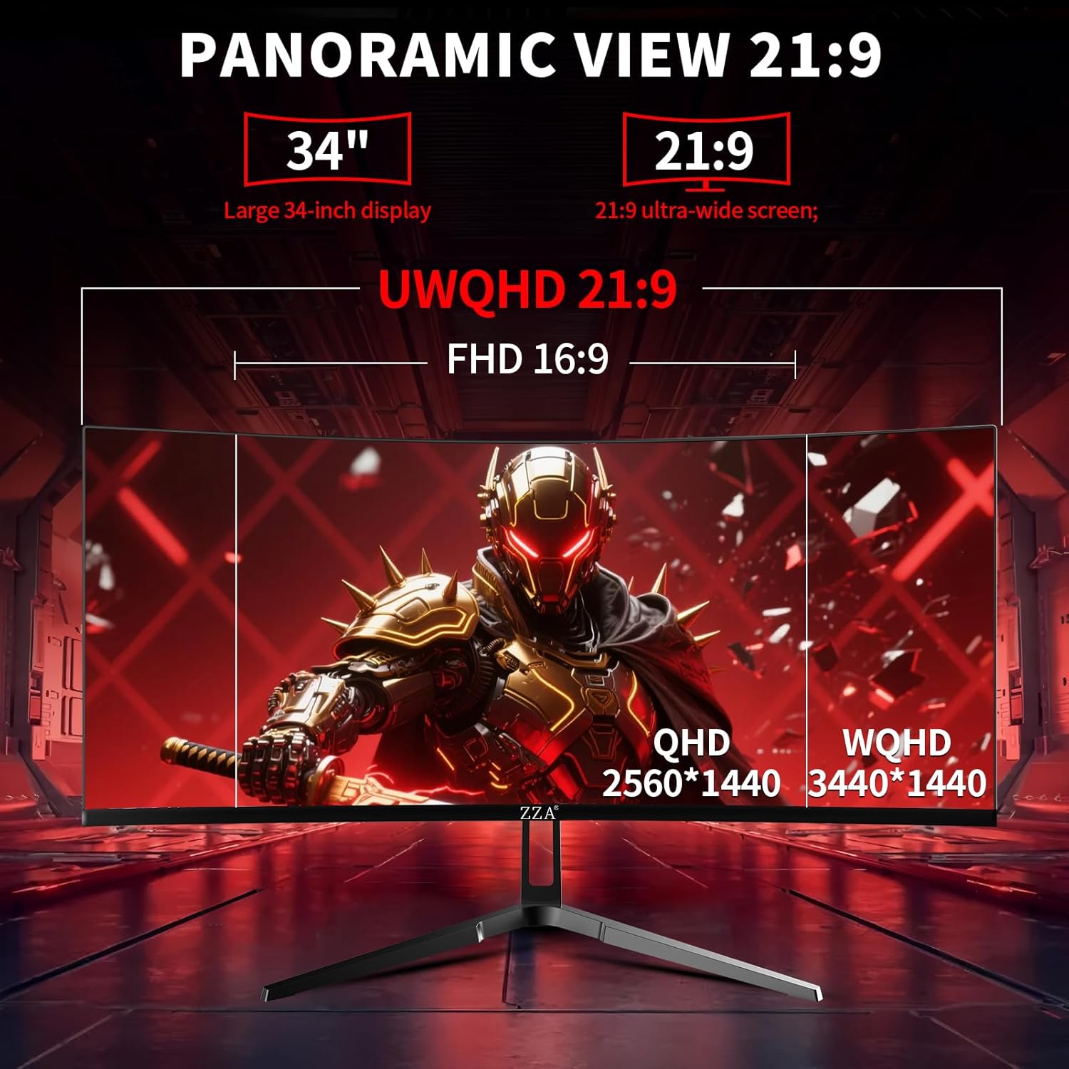 ZZA 34 Inch Curved Monitor  Gaming Monitor 240HZ 1500R 3440 * 1440P  Ultra Wide Computer Monitors with FreeSync HDR10  1ms PC Screen Eye Care  Borderless Design Support Wallmount 75x75mm