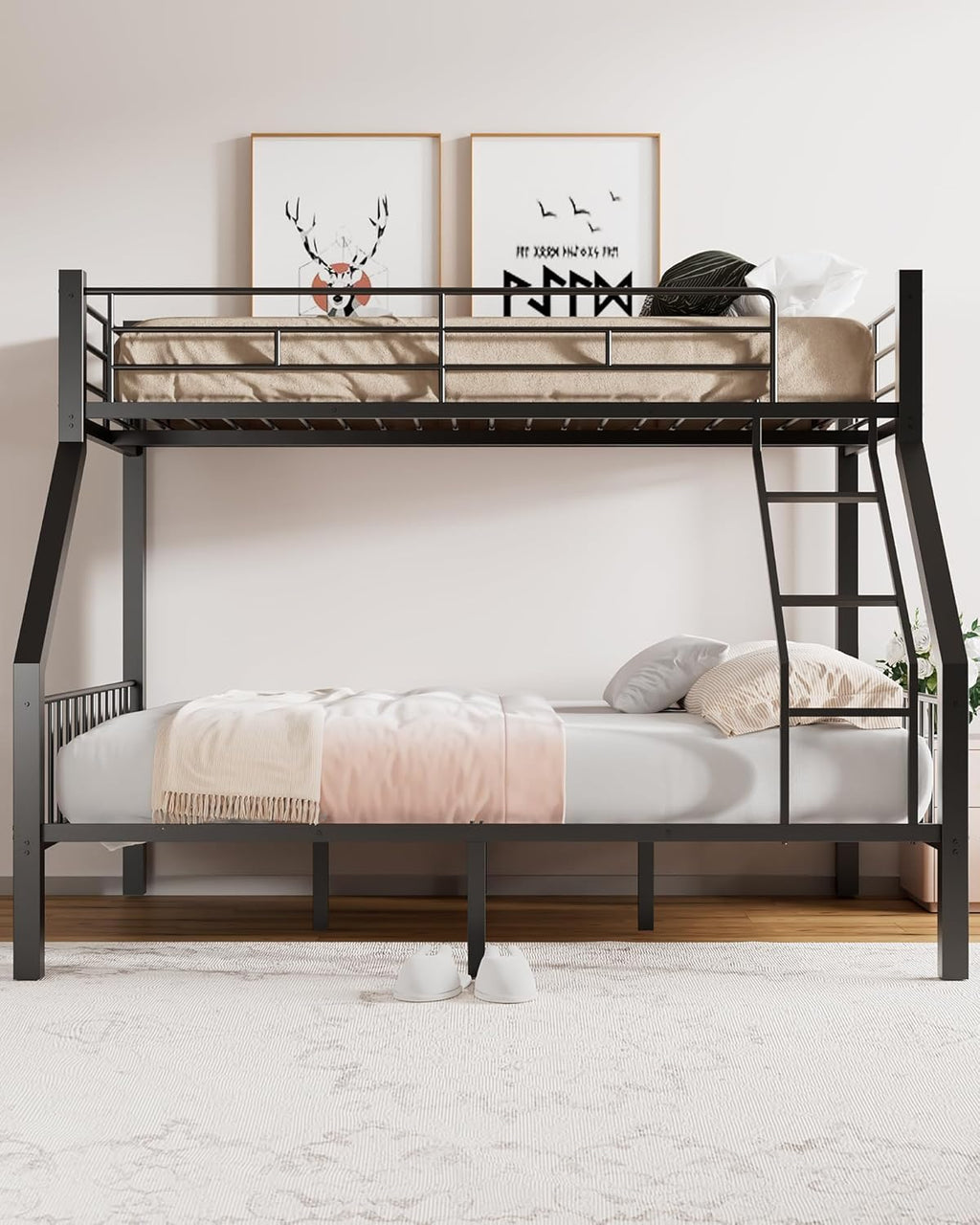 Twin XL Over Queen Bunk Bed, Heavy Duty Queen Bunk Bed for Adults, Metal Bed Frame with Full-Length Guardrails & EVA Padded Anti-Slip Ladder, No Box Spring Needed, Black