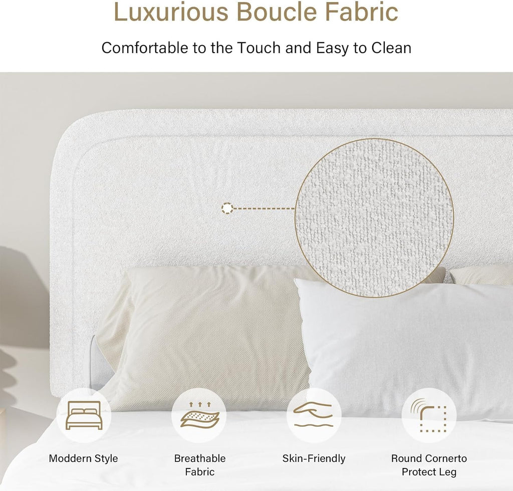 BarnFurin Queen Bed Frame with Headboard, Boucle Upholstered Platform Bed Frame, Luxurious Soft Rounded Corners, No Box Spring Required, Non-Slip and Noise-Free, Easy Assembly, White