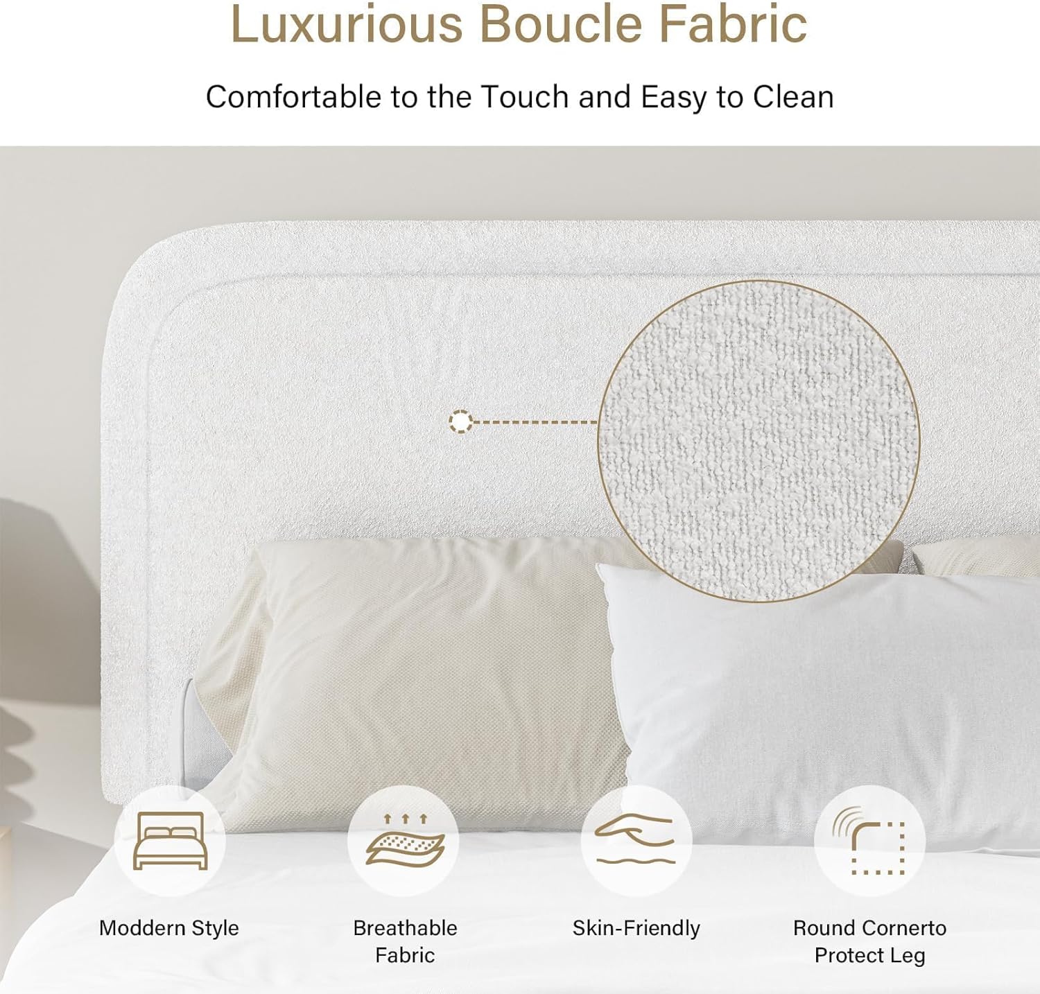BarnFurin Queen Bed Frame with Headboard, Boucle Upholstered Platform Bed Frame, Luxurious Soft Rounded Corners, No Box Spring Required, Non-Slip and Noise-Free, Easy Assembly, White