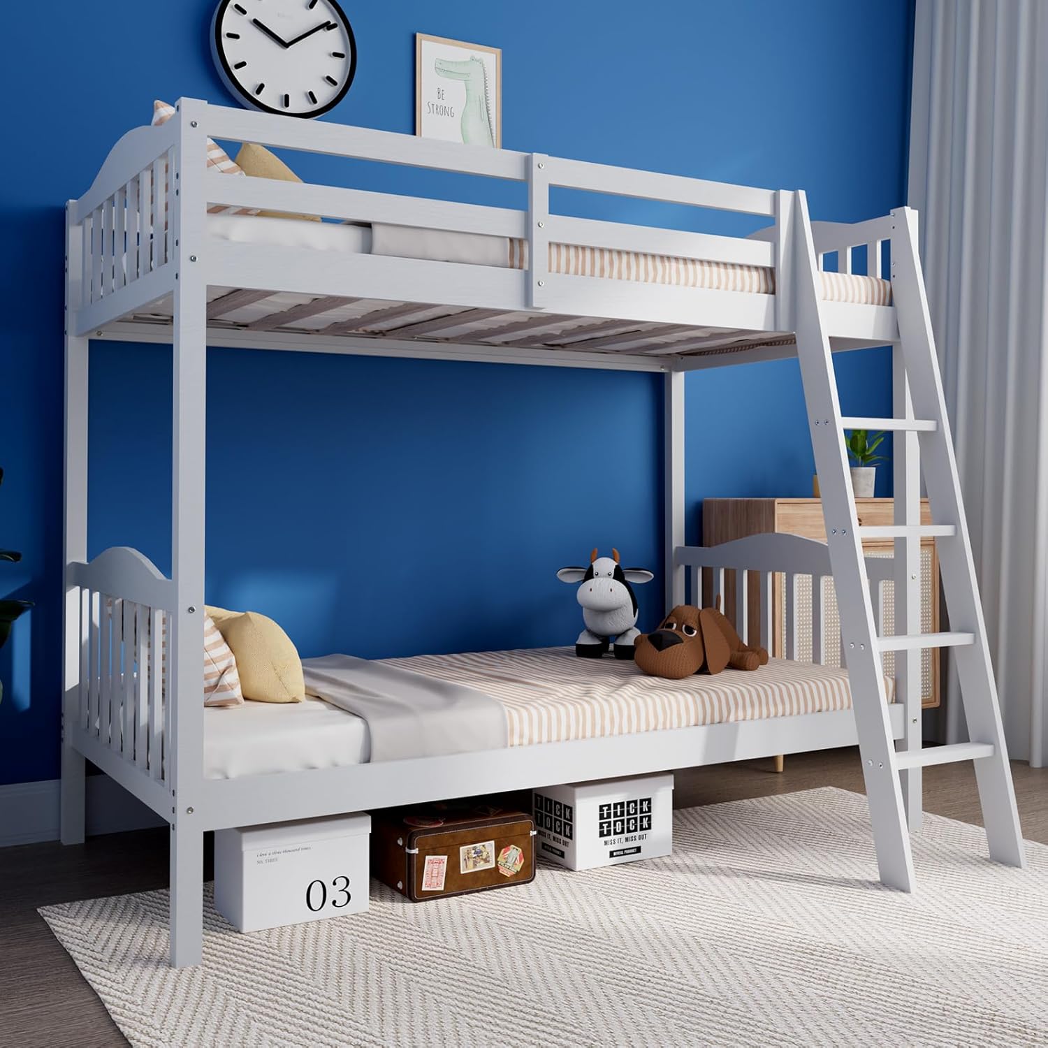 VINGLI Solid Wood Bunk Bed Twin Over Twin Classic, Twin Bunk Beds for Kids and Adults with Full Length Guardrails and Flats Pedals,Easy Assembly,No Box Spring Required,White