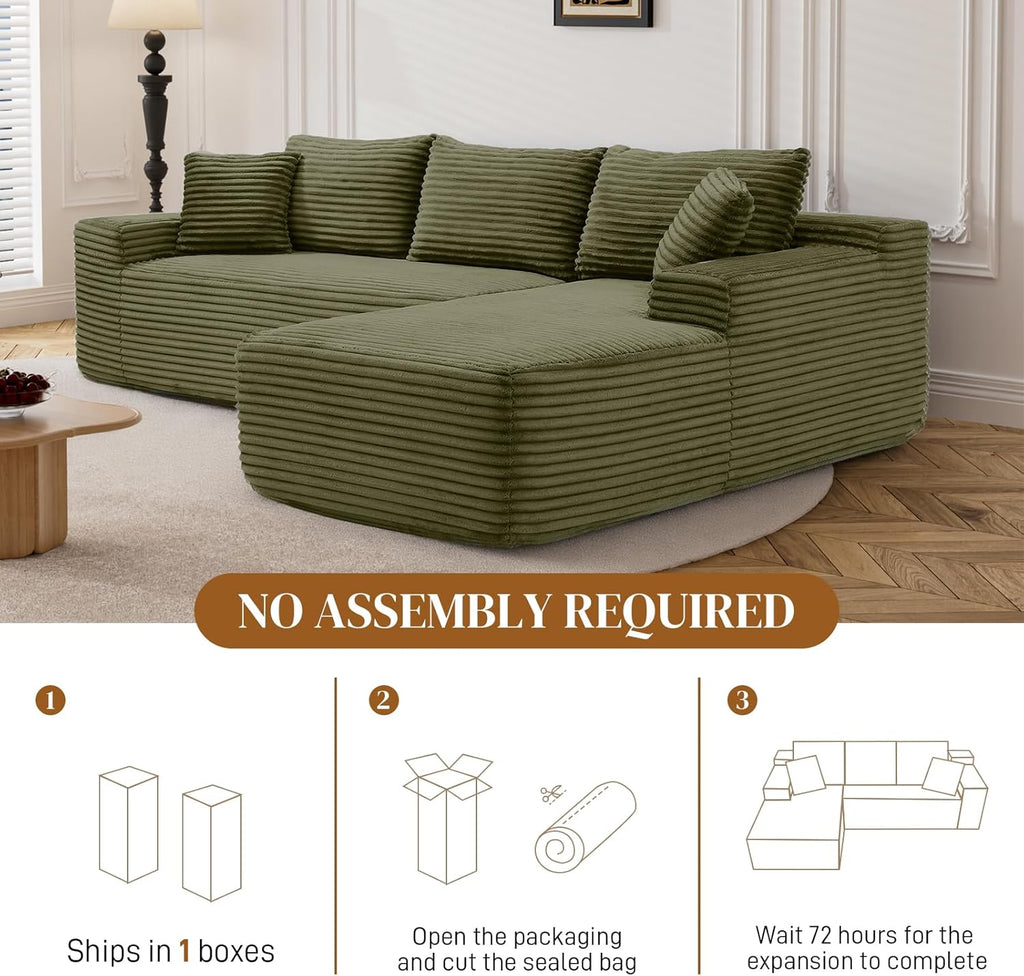 95" Boneless Cloud Sectional Couches for Living Room, Comfy Fluffy L Shaped Memory Foam Deep Seat Boneless Couch, Modular Sectional Sofa with Right Facing Chaise, Olive Green