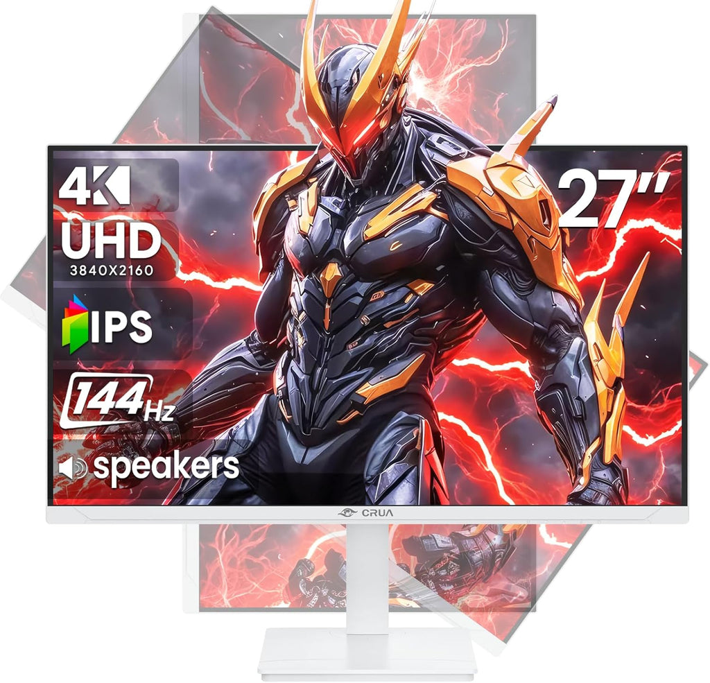 CRUA 27" Gaming Monitor  144Hz 4K UHD(3840*2160P) IPS Screen  Supports Height/Pivot/Rotating/Tilt Adjustable Vertical Monitor  AMD Freesync  120% sRGB  Built-in Speakers  Wall Mountable Installs-White