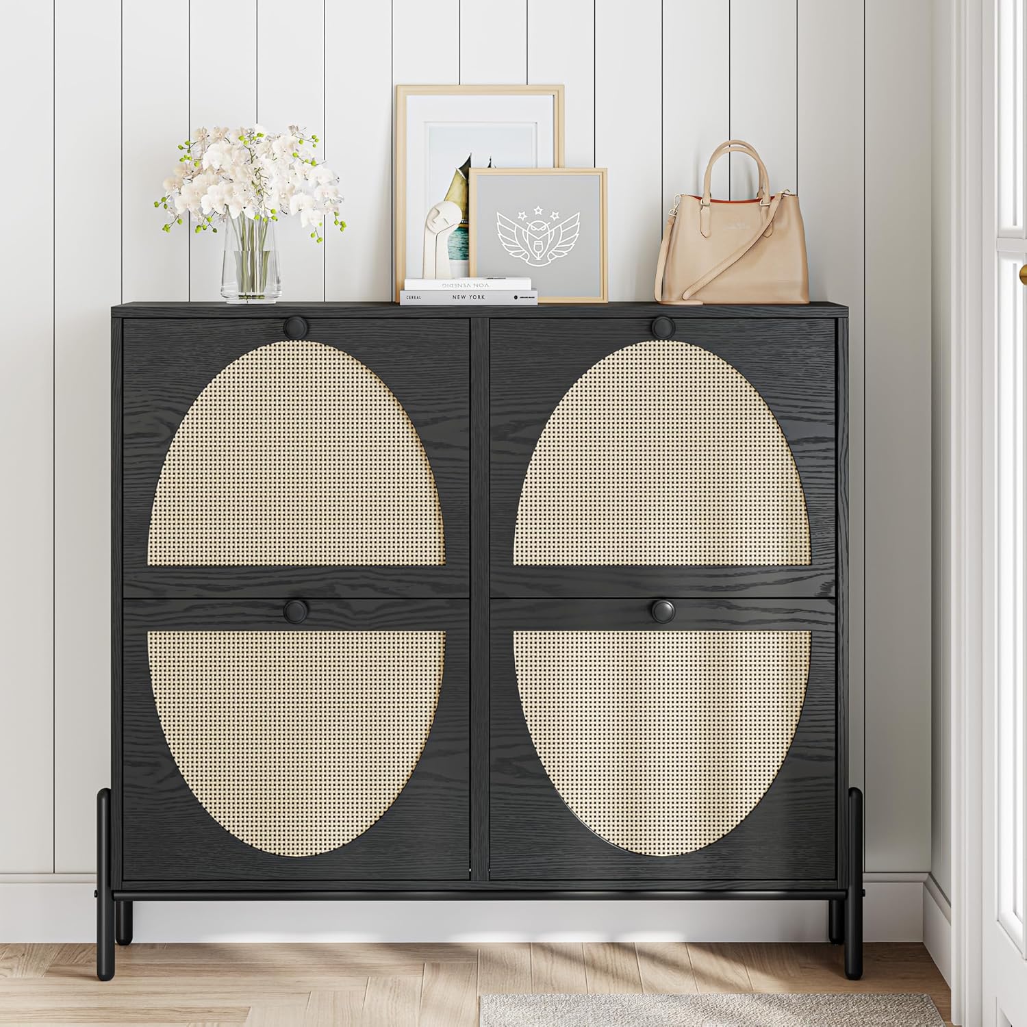 IRONCK Rattan Shoe Cabinet Storage with 4 Flip Drawers, Freestanding Shoe Storage Organizer Cabinet for Entryway, Narrow Shoe Rack Cabinet, Matte Black
