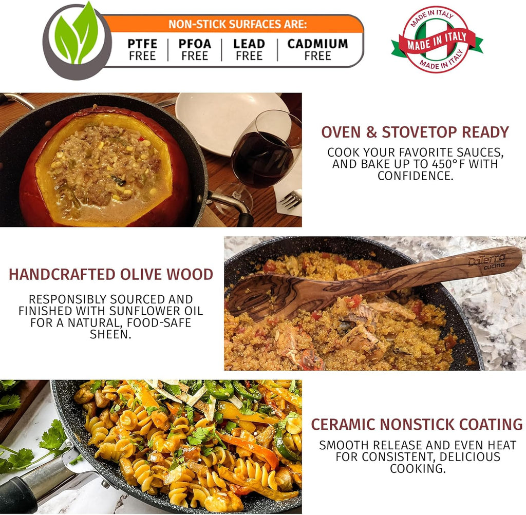 DaTerra Cucina Nonstick Large Pasta Bundle – Induction Compatible Ceramic Coated Non Stick Frying Pan & Dutch Oven Set w/Olive Wood Utensils - Ideal for Frying, Sautéing & Roasting - Made in Italy