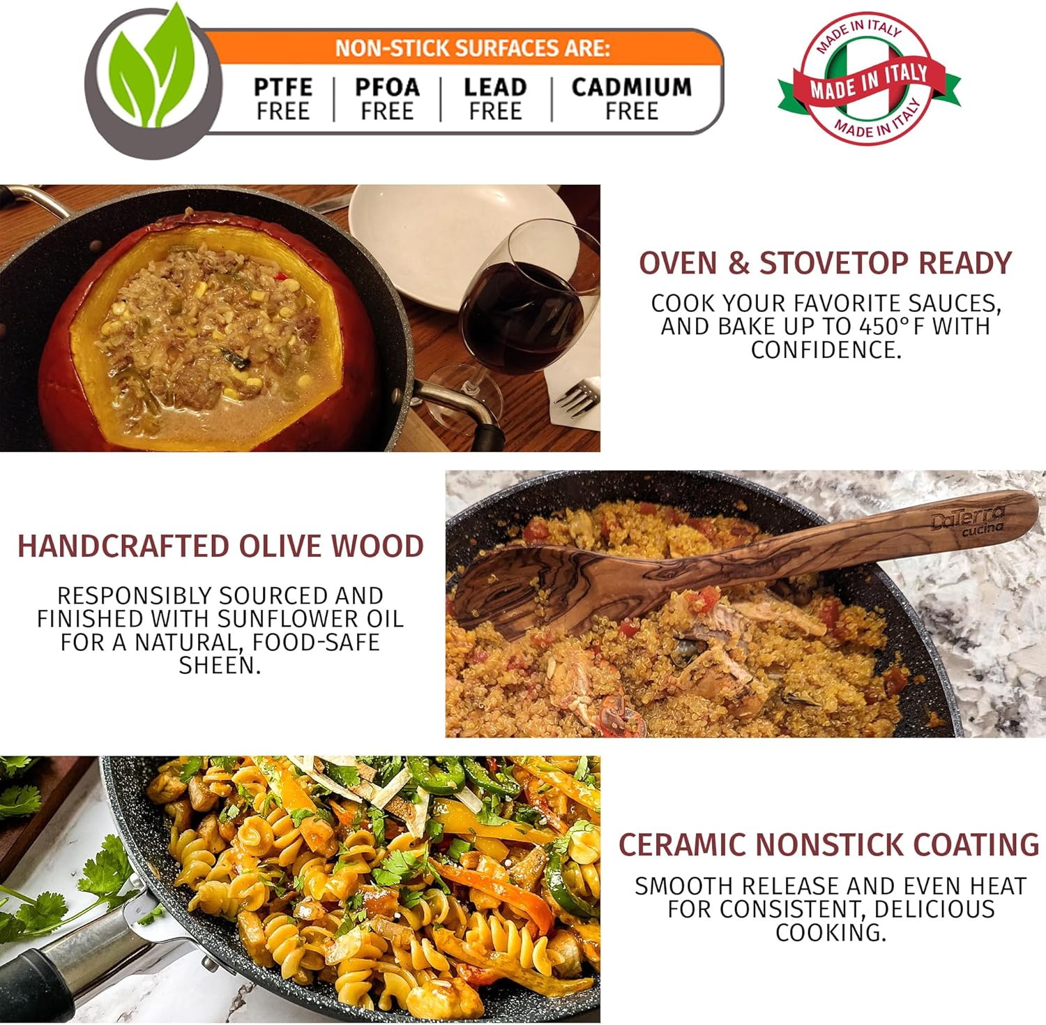DaTerra Cucina Nonstick Large Pasta Bundle – Induction Compatible Ceramic Coated Non Stick Frying Pan & Dutch Oven Set w/Olive Wood Utensils - Ideal for Frying, Sautéing & Roasting - Made in Italy