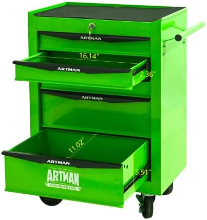Iron-Top Rolling Tool Chest with Lockable Wheels and Side Handles, 7-Drawer Tool Storage Cabinet with Ball Bearing for Garage, Repair Shop, Required Assembly, Large Storage Capacity (Iron, 5-Green)