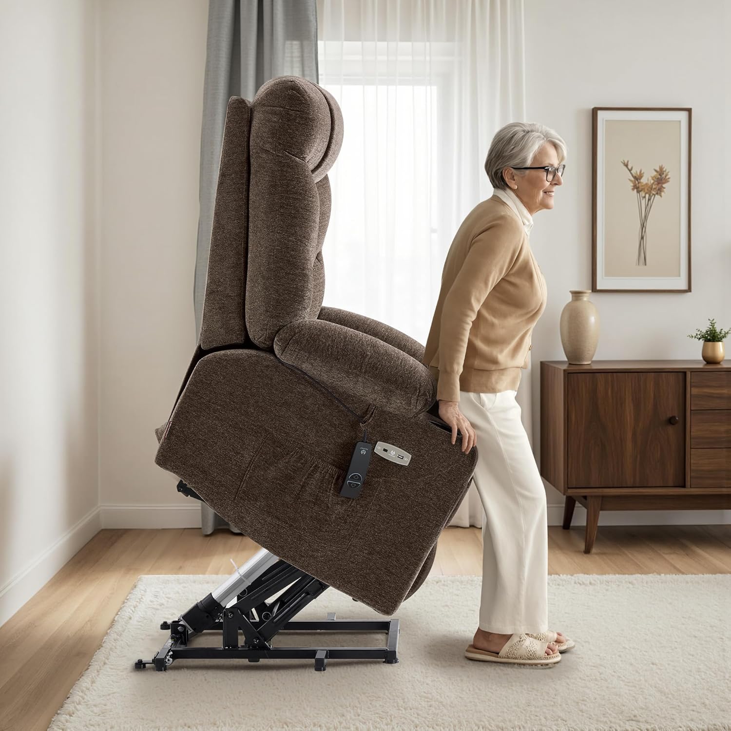 MCombo Power Lift Recliner Chair with Extended Footrest for Elderly People, Fabric 7283 (Brown, Large)