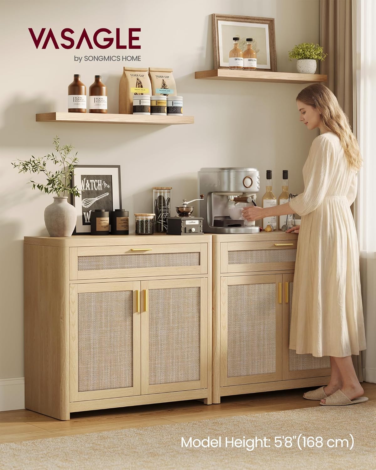 VASAGLE ELLAN Collection - Boho Buffet Cabinet with Rattan-Look Doors, Sideboard Storage Cabinet, Rounded Corners, Adjustable Shelf, Drawer, for Kitchen, Oak Beige UBBK601YC01