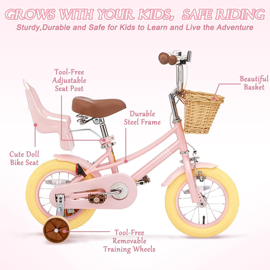 Glaf Kids Toddler Bike 12 14 16 20 Inch Girls Bike with Training Wheels Age 2-12 Years Old Toddler Girls Bike with Basket and Doll Seat Adjustable Seat