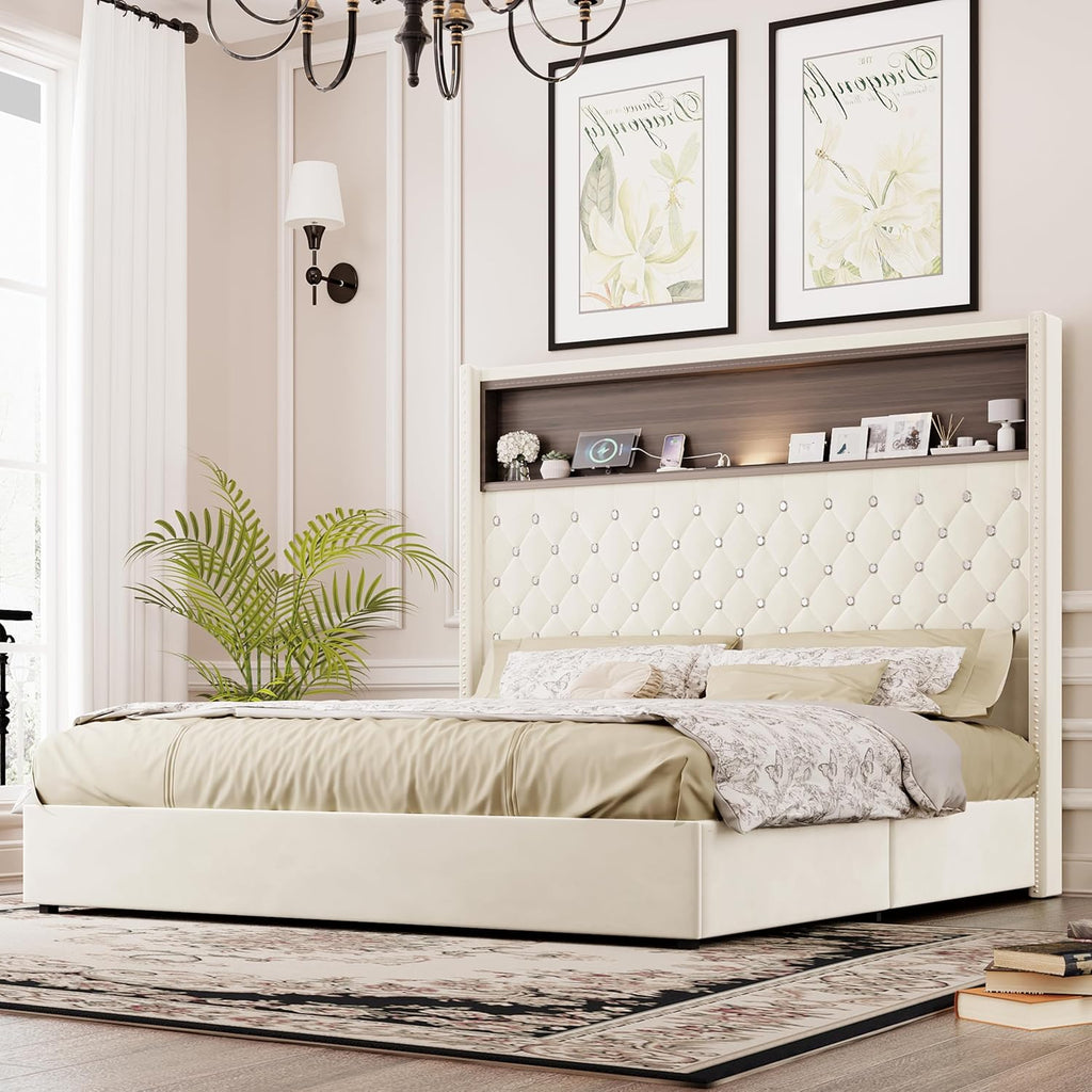 Merax Queen Size Velvet Bed Frame with 52'' High Headboard, USB Charging Port and Night Light, Soft Tufted Upholstered & Rivet Decoration, Wing-Back Platform Bed, Beige